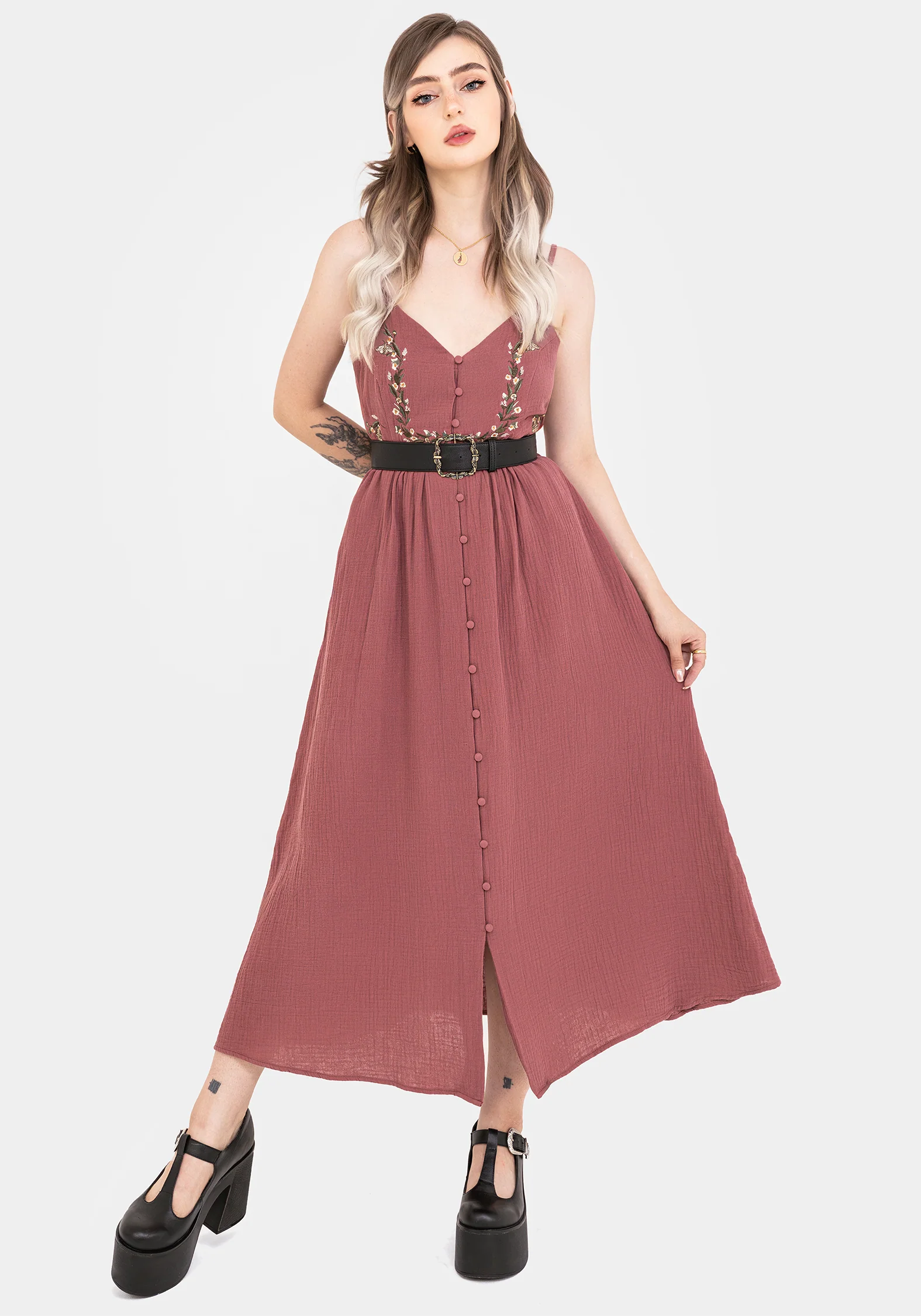 Abundance Baumwolle Blumenmuster Bestickt Mieder Cami Midaxi Kleid - Image 5