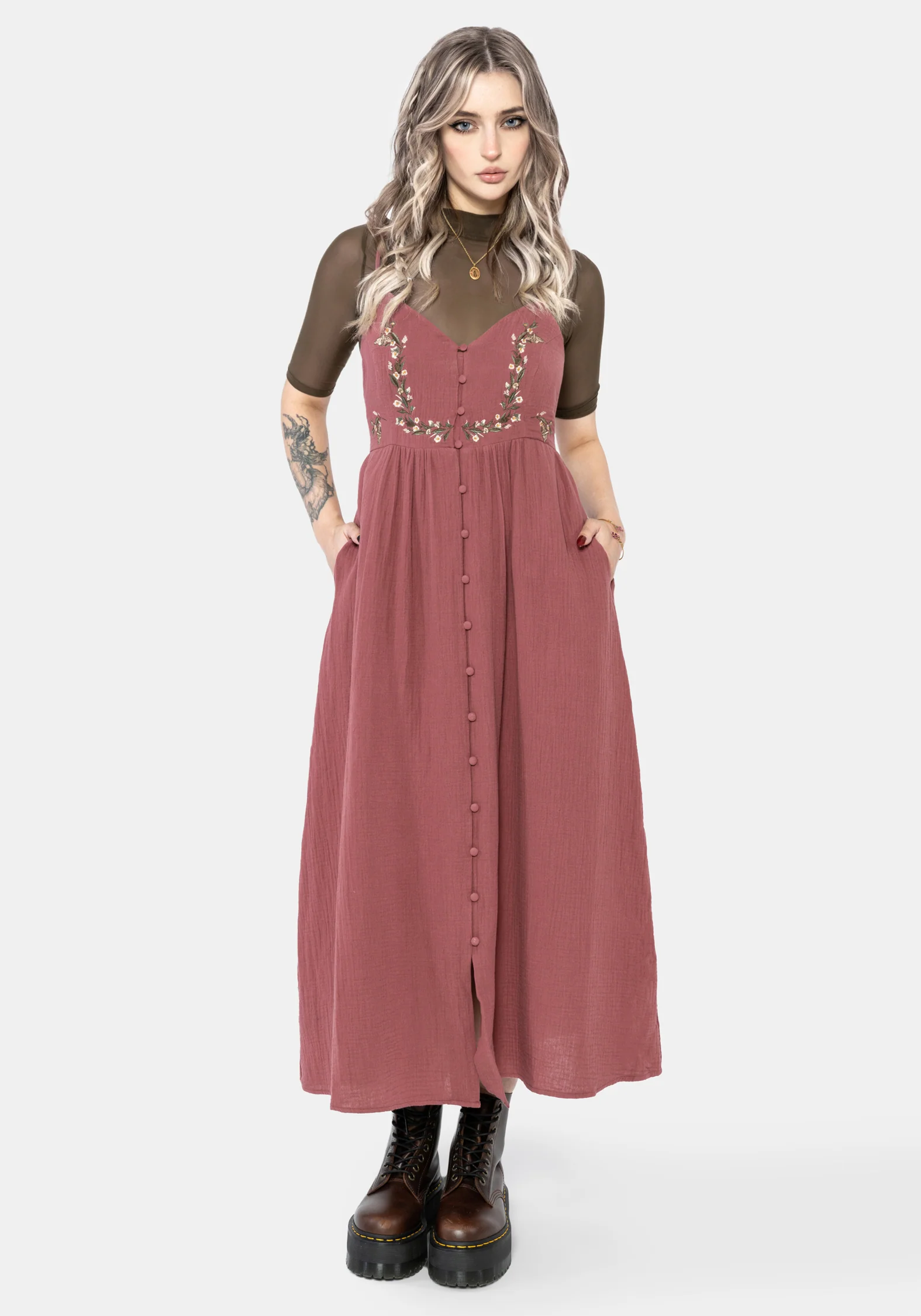 Abundance Baumwolle Blumenmuster Bestickt Mieder Cami Midaxi Kleid - Image 6