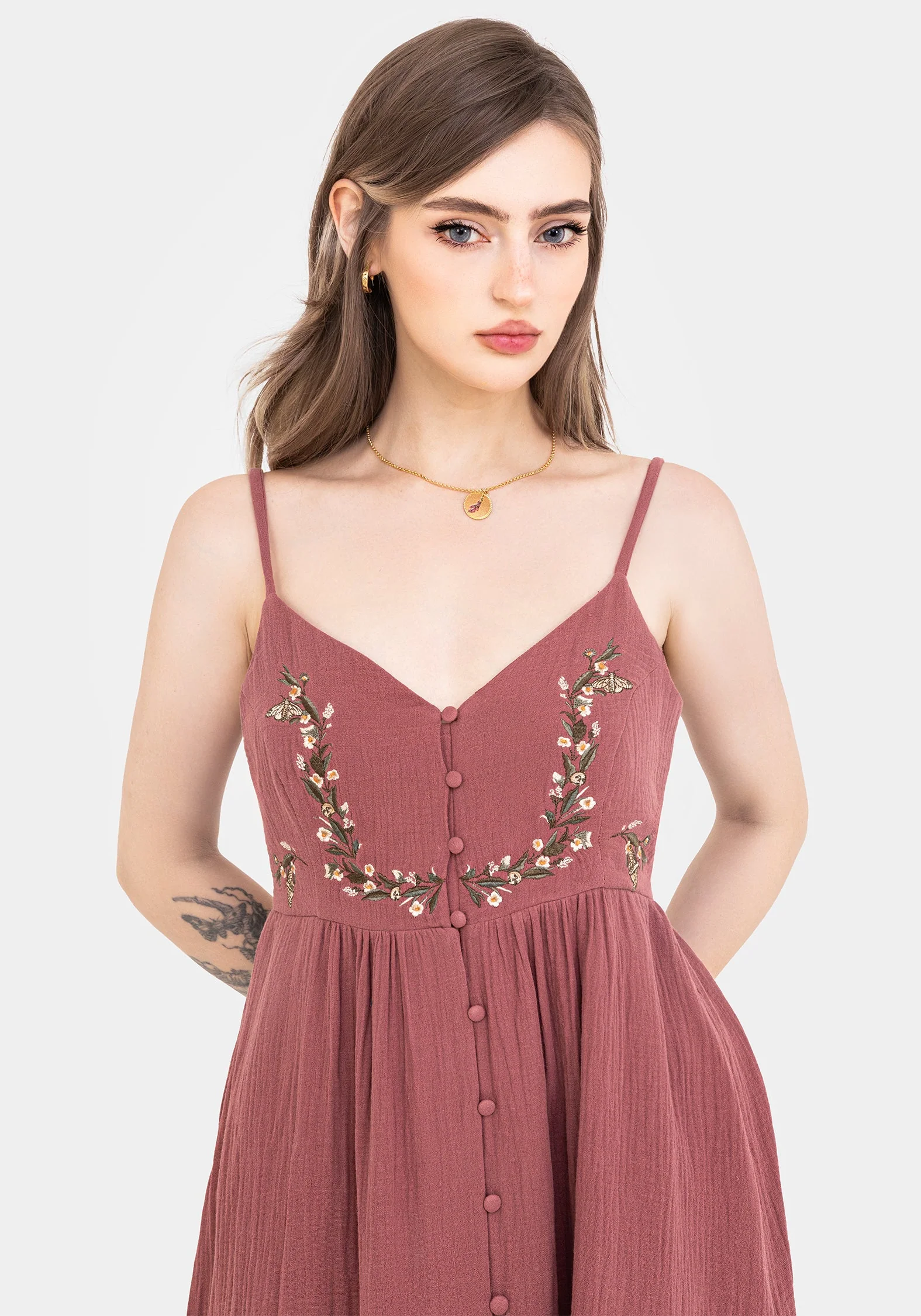 Abundance Baumwolle Blumenmuster Bestickt Mieder Cami Midaxi Kleid - Image 7