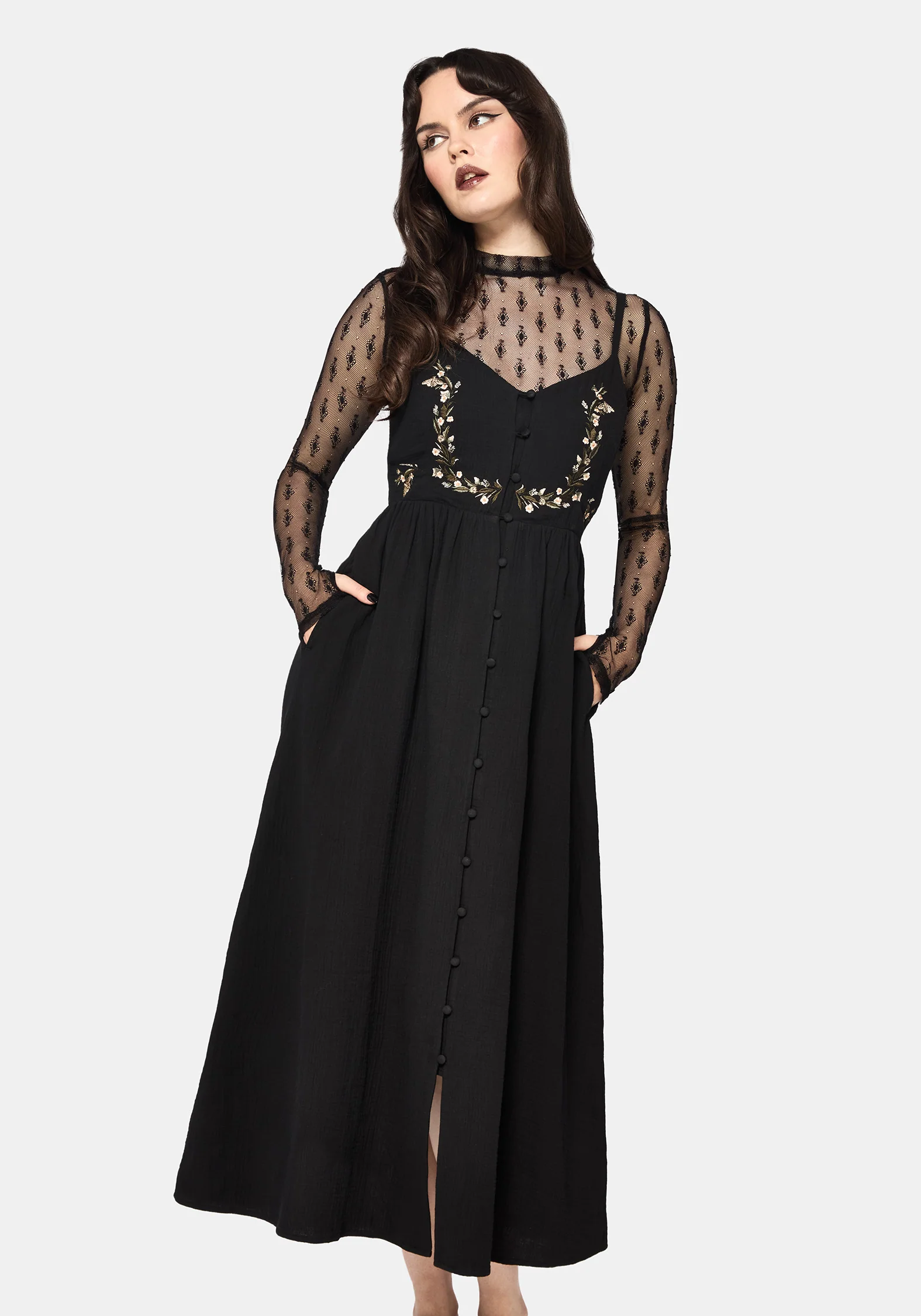 Überfluss Baumwolle Blumenmuster Bestickt Mieder Cami Midaxi Kleid - Schwarz - Image 4