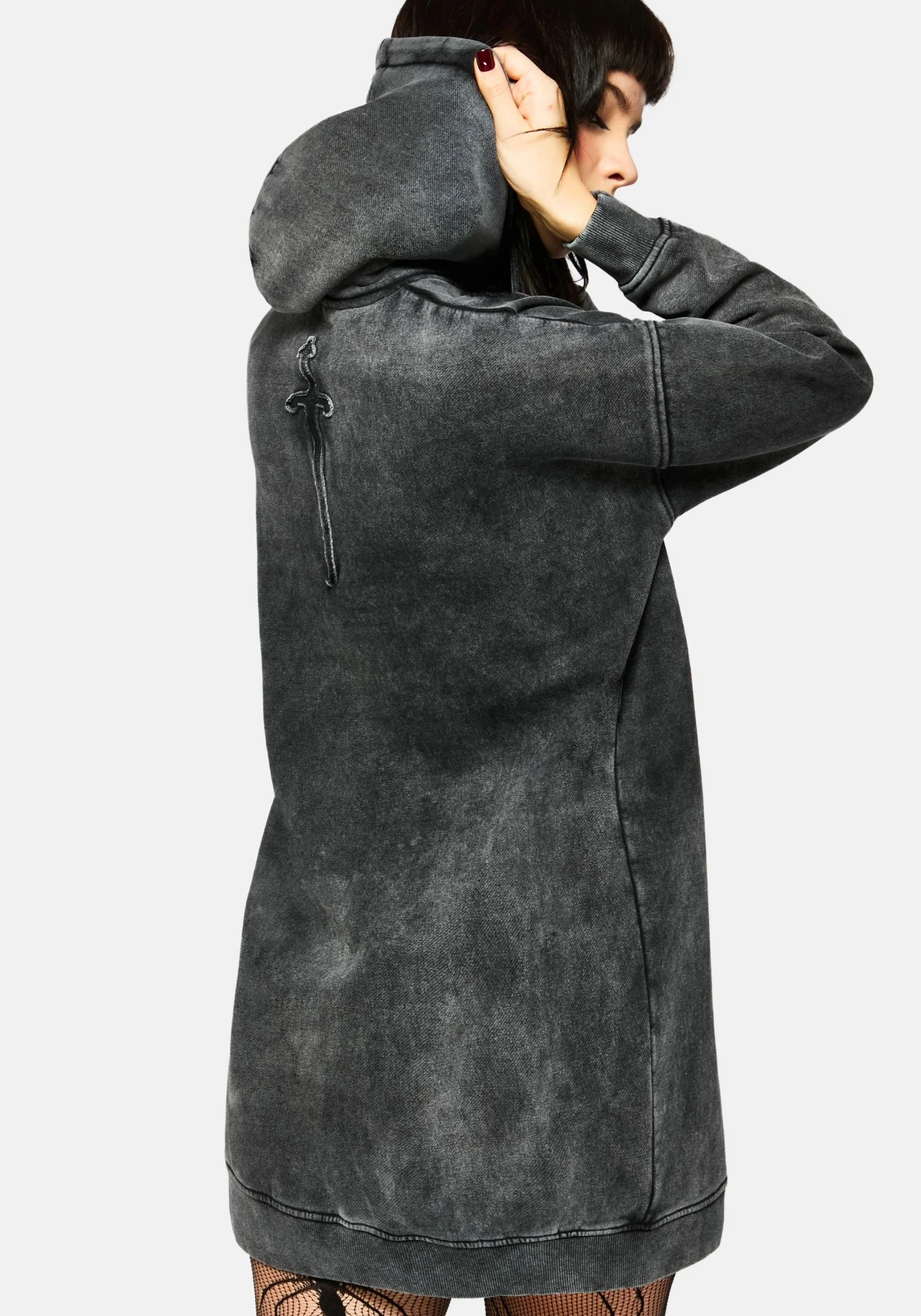 Aelin Schwert Applikation Kapuze Pullover Kleid - Schwarz - Image 3