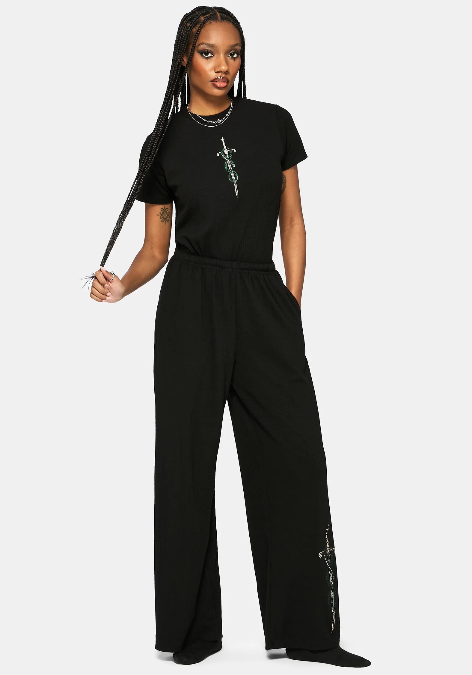 Aelin Schwert Bestickt Weit Bein Ribbed Hose - Image 4