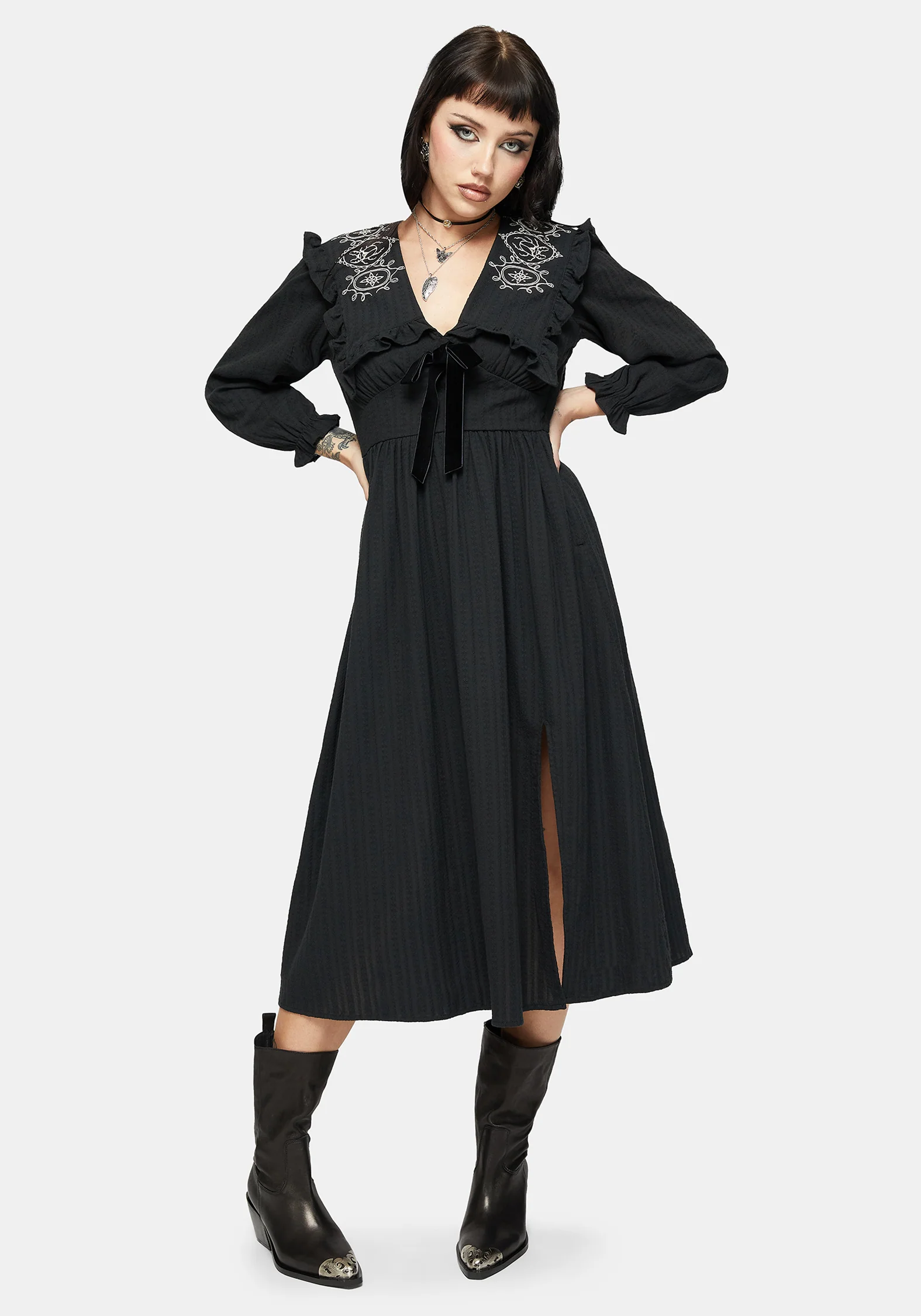 Alira Käfer Bestickt Kragen Baumwolle Midi Kleid - Image 4