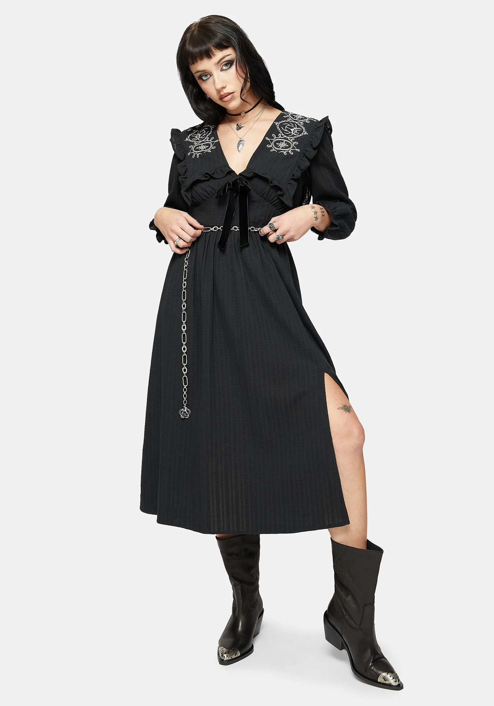 Alira Käfer Bestickt Kragen Baumwolle Midi Kleid - Image 5