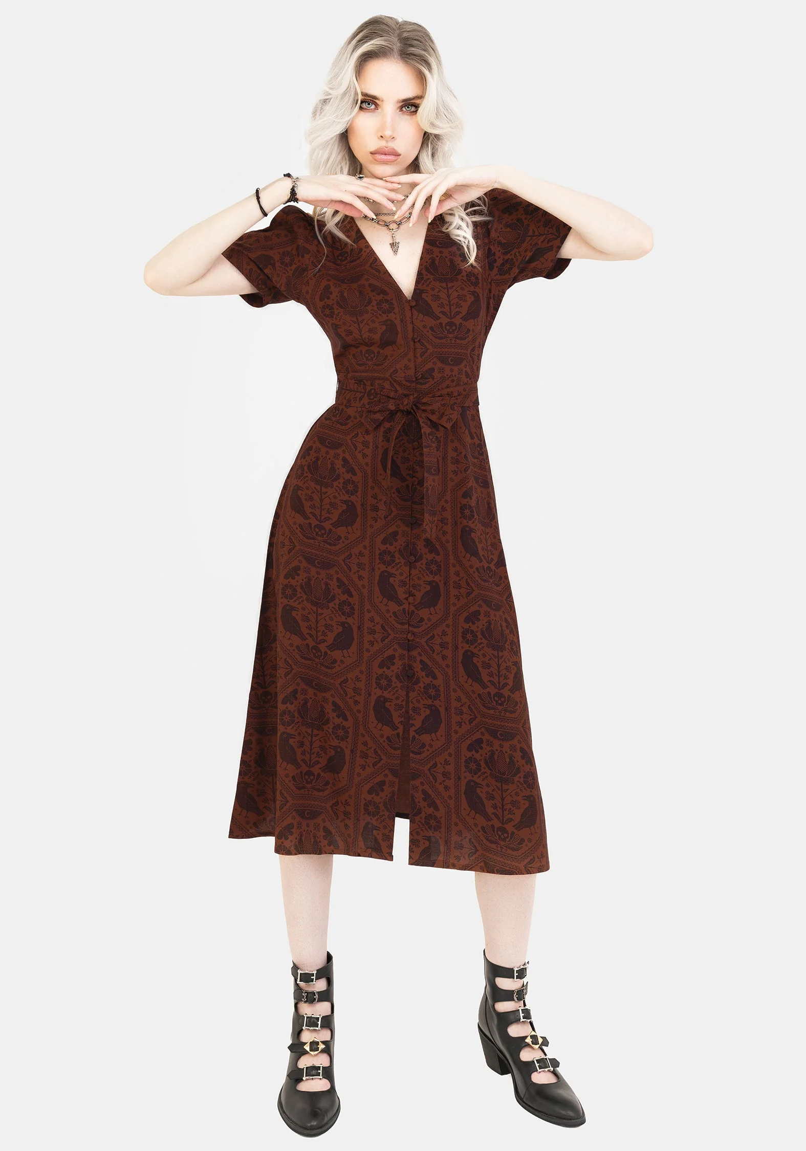 Annabel Rabe Druck Knopf Hoch Midi Kleid - Rust - Image 4