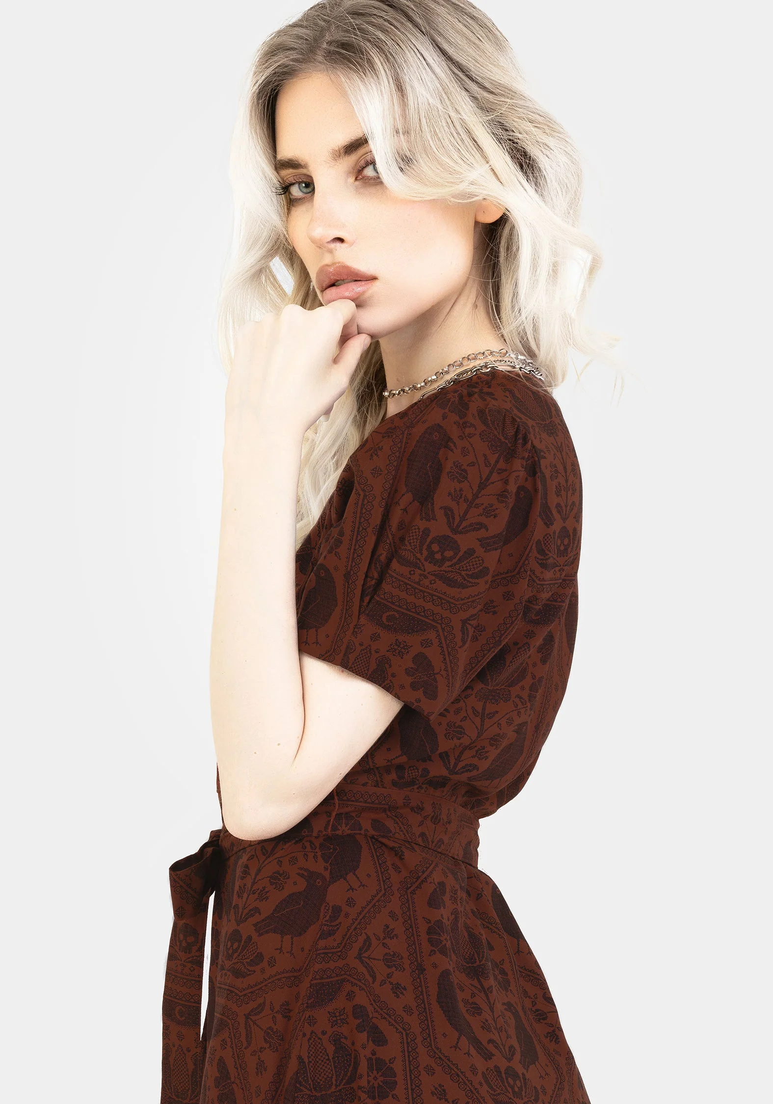 Annabel Rabe Druck Knopf Hoch Midi Kleid - Rust - Image 7