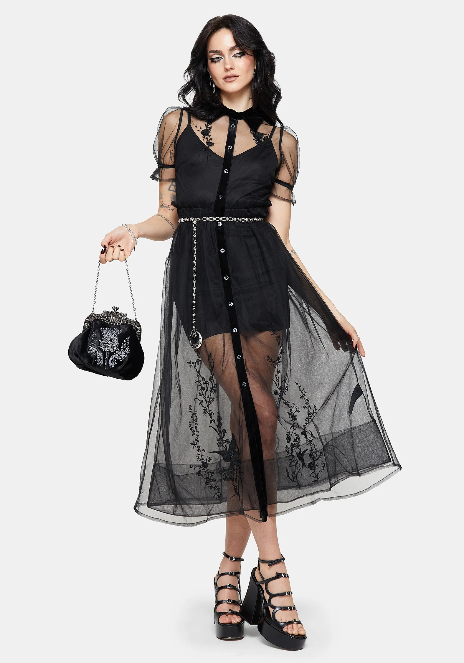 Aria Bestickt Tüll Knopf Hoch Midaxi Hemd Kleid - Image 4