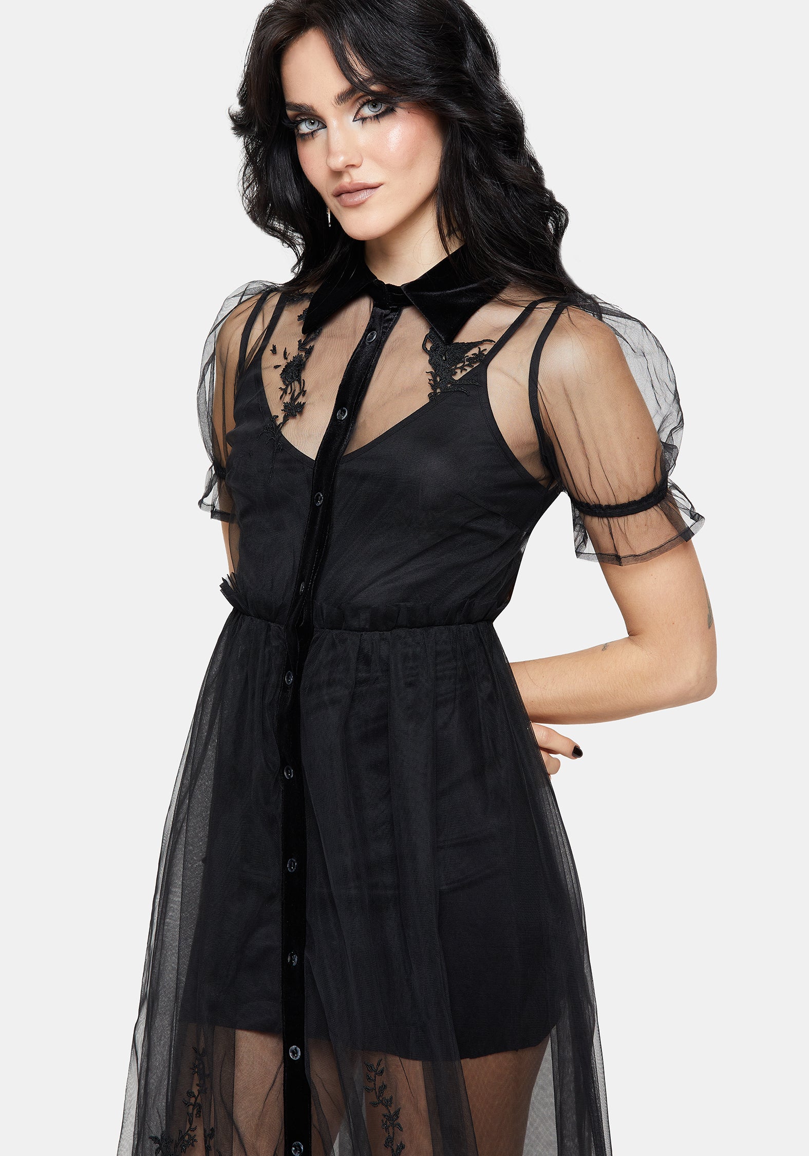 Aria Bestickt Tüll Knopf Hoch Midaxi Hemd Kleid - Image 5