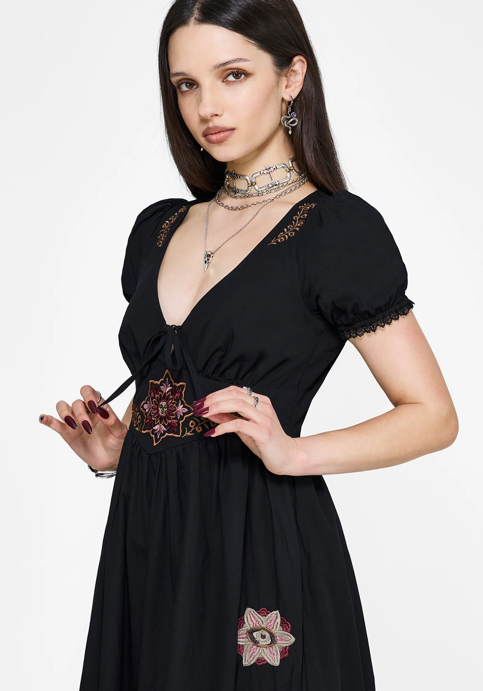 Arianwen Bestickt Puffärmel Ärmel Midaxi Kleid - Schwarz - Image 6