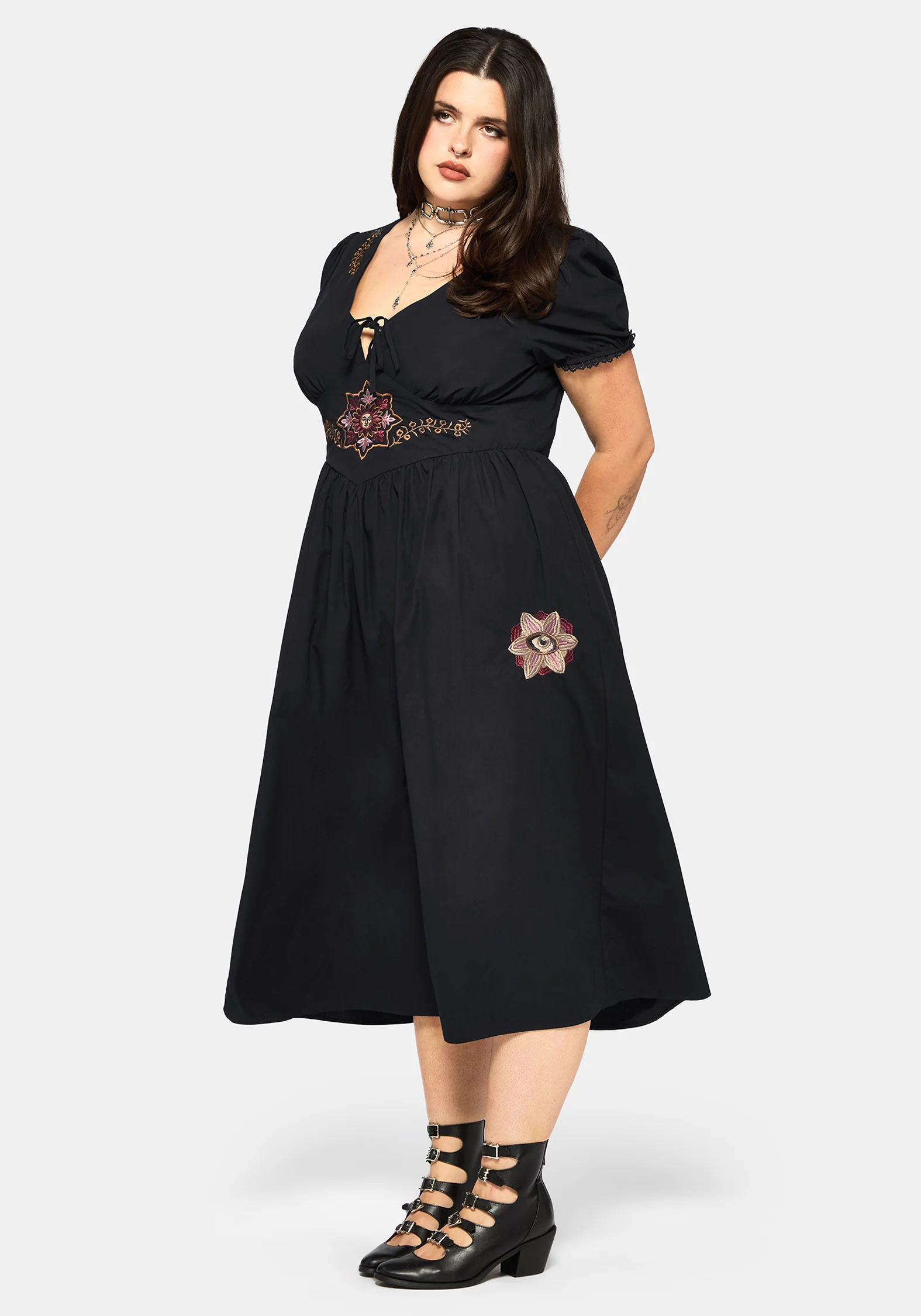 Arianwen Bestickt Puffärmel Ärmel Midaxi Kleid - Schwarz - Image 7