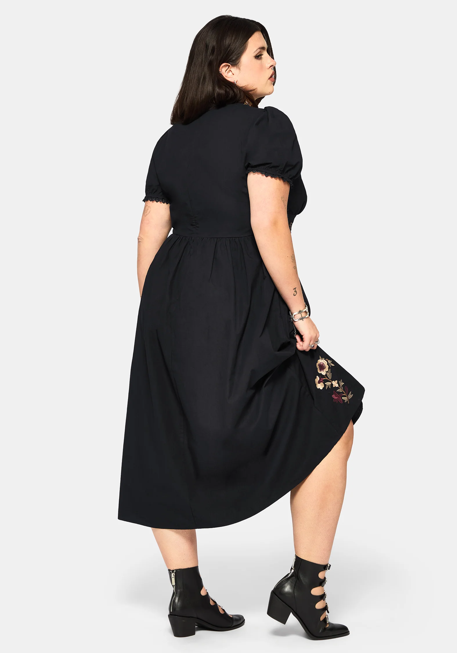 Arianwen Bestickt Puffärmel Ärmel Midaxi Kleid - Schwarz - Image 9