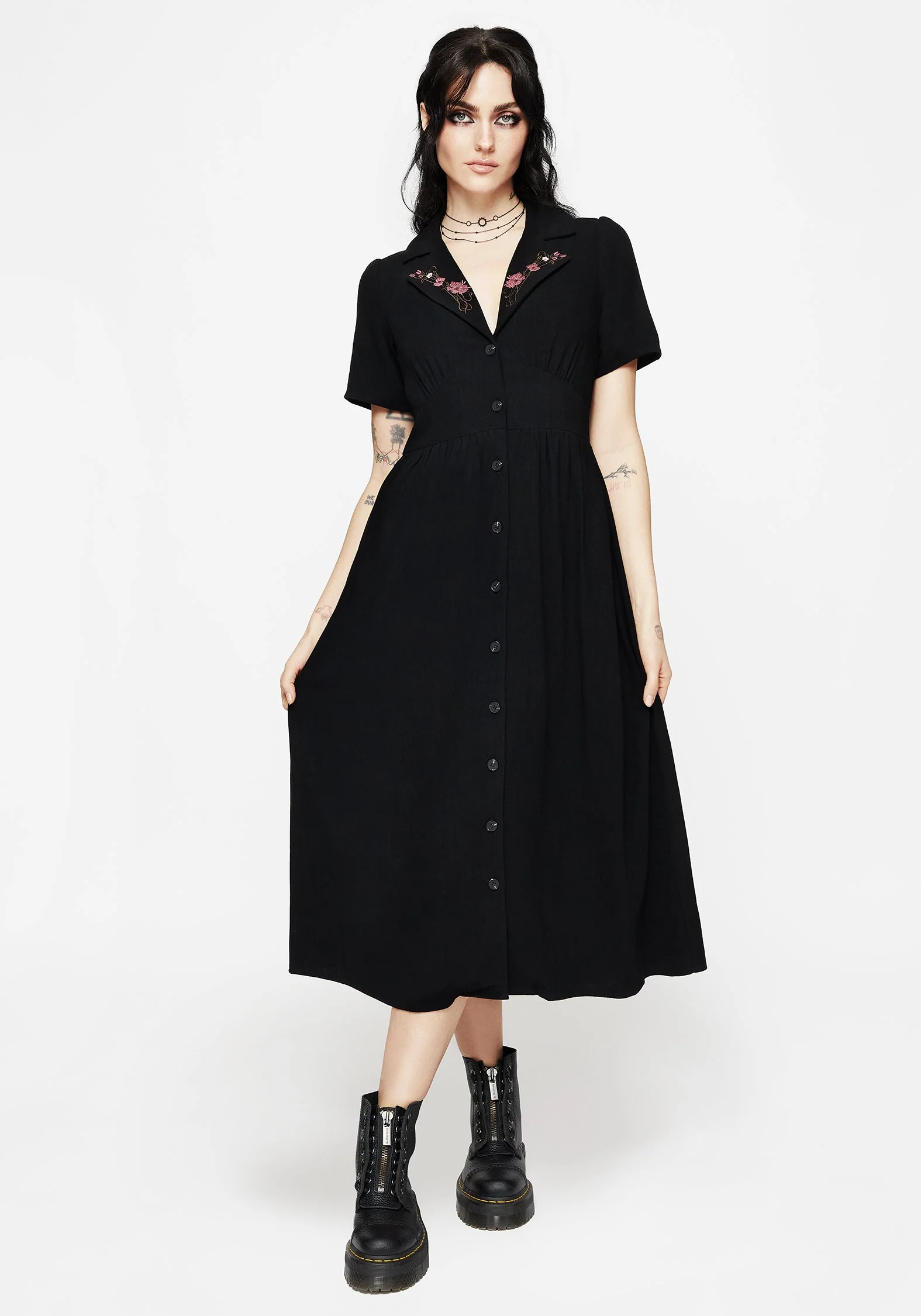 Aster Bestickt Kragen Midi Hemd Kleid