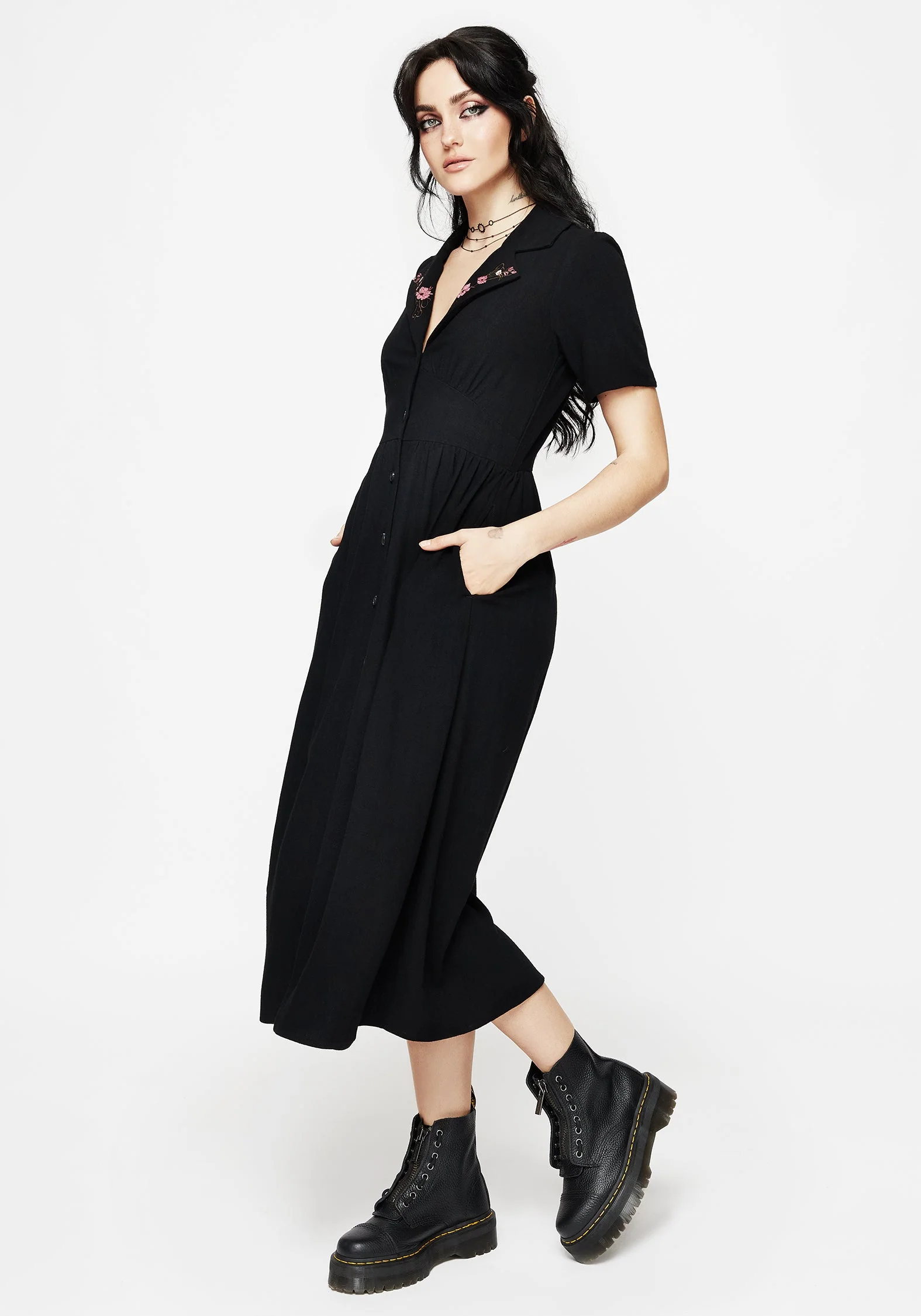 Aster Bestickt Kragen Midi Hemd Kleid - Image 4