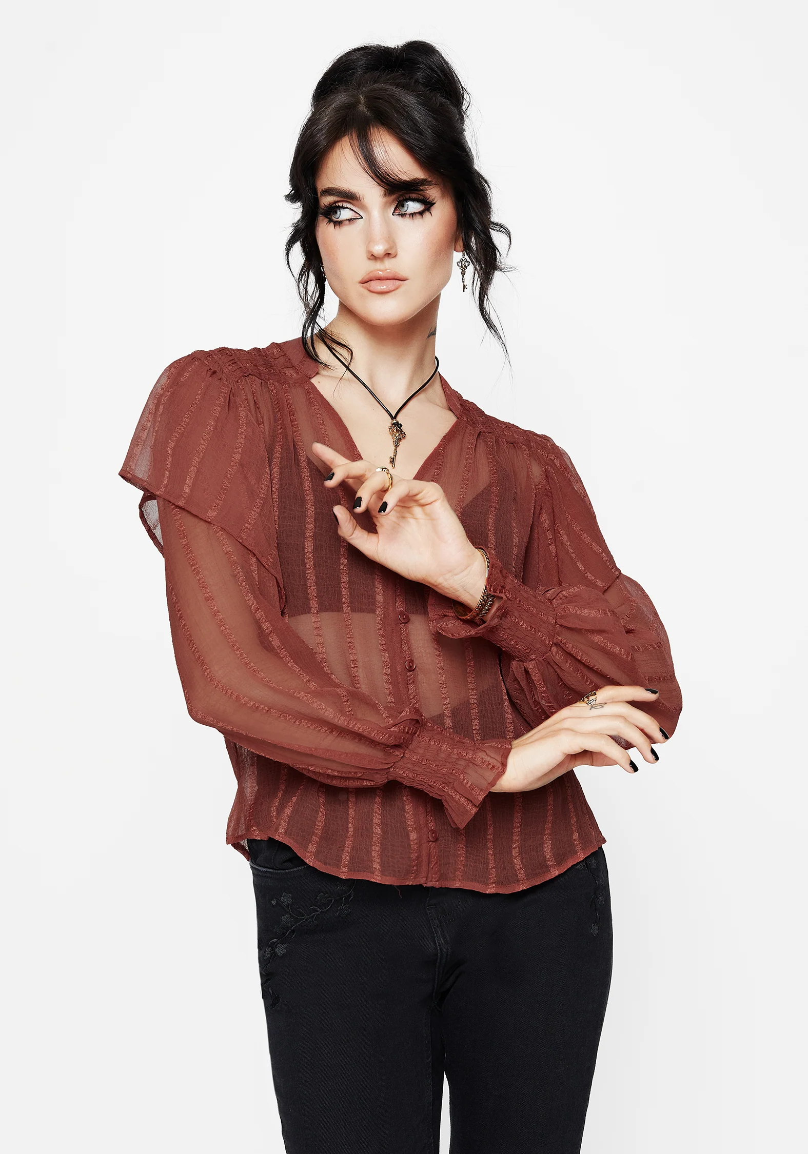 Asteria Transparent Strukturiert Streifen Rüsche Bluse - Image 5