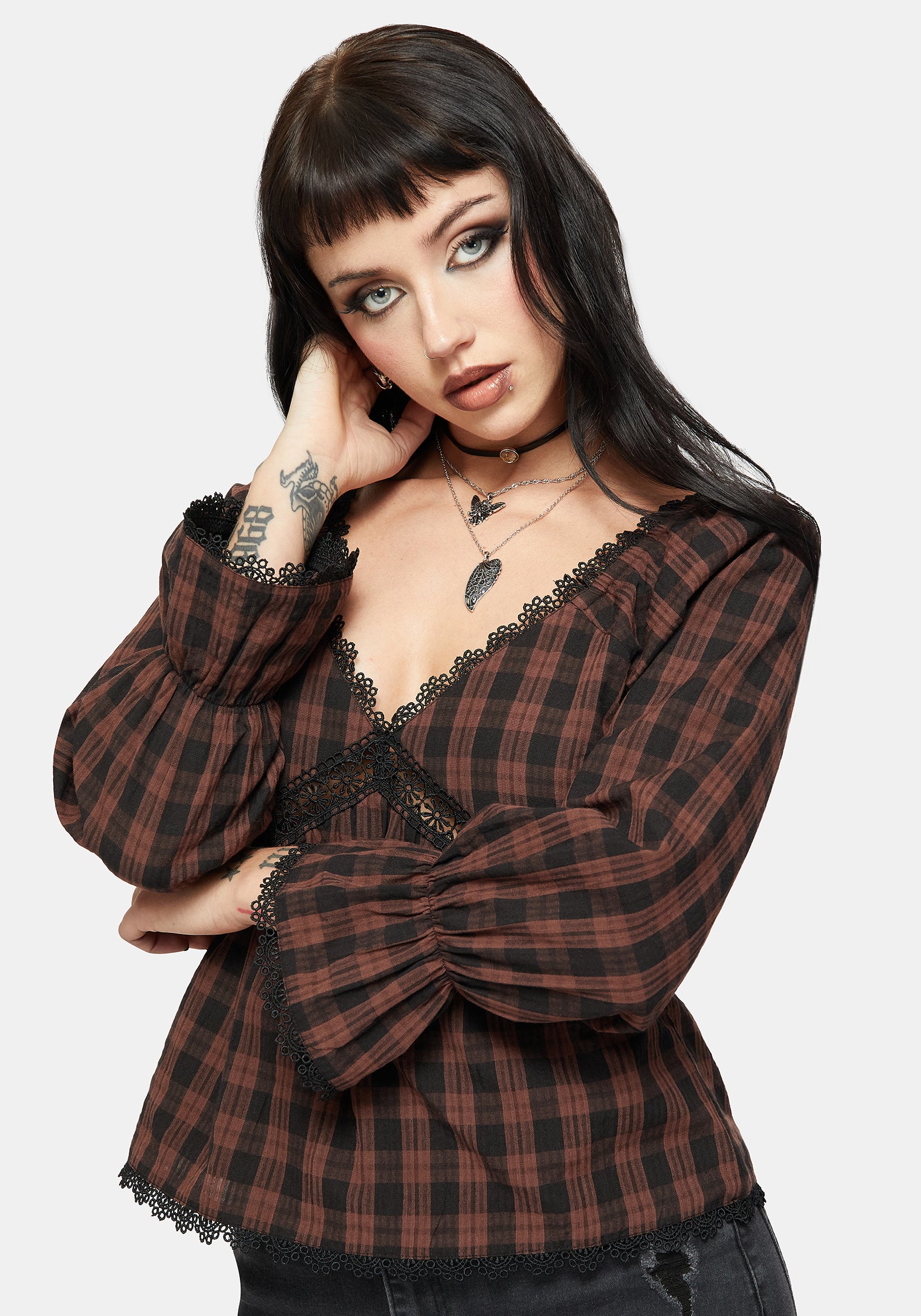 Ava Gingham Lang Mit Ärmeln Bluse - Image 4