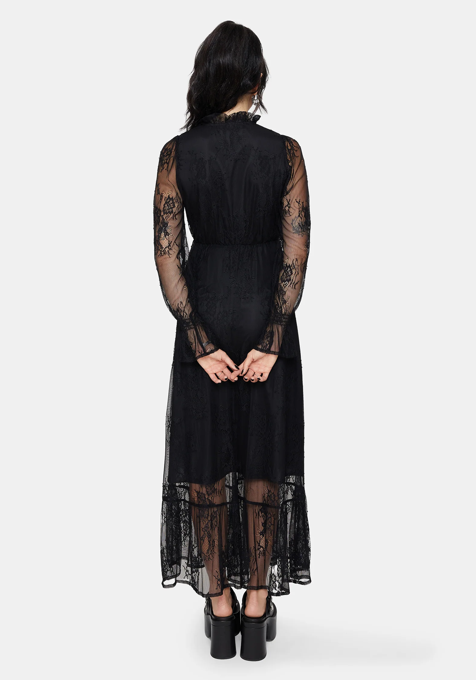 Bertha Spitze Gestuft Lang Ärmel Maxi Kleid - Image 3