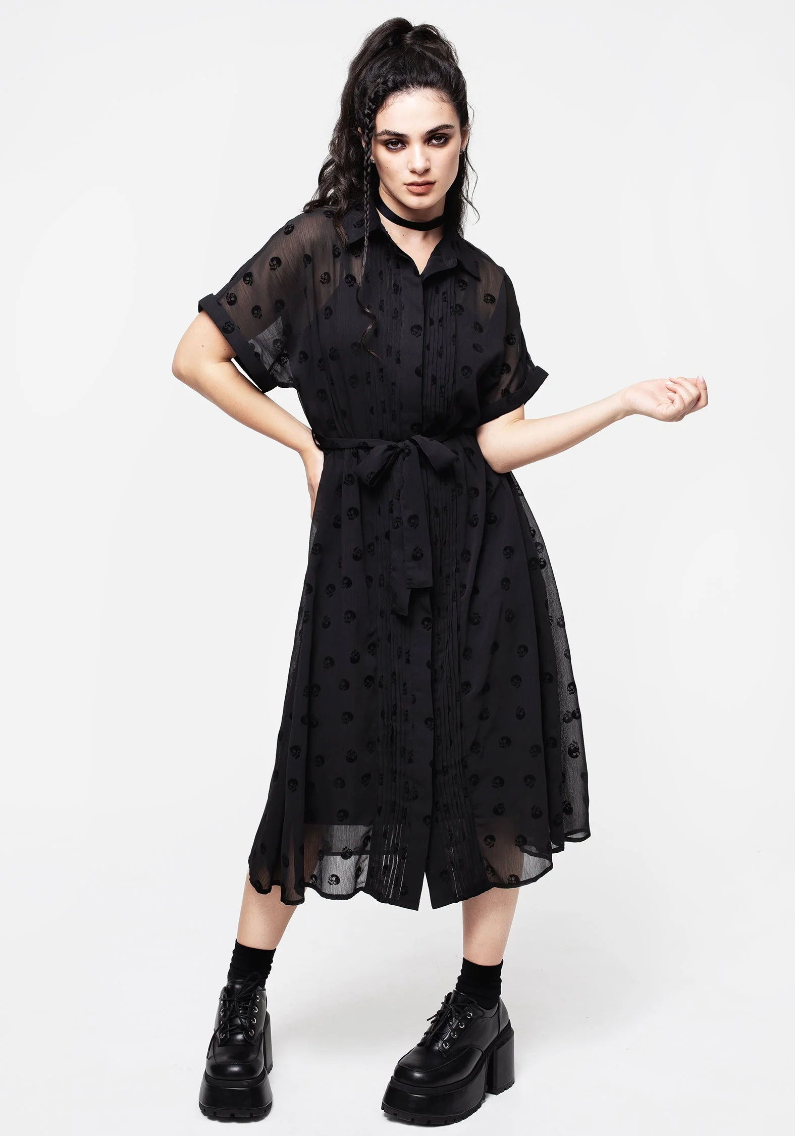 Bones Beflockt Biesen Chiffon Midi Hemd Kleid - Image 6