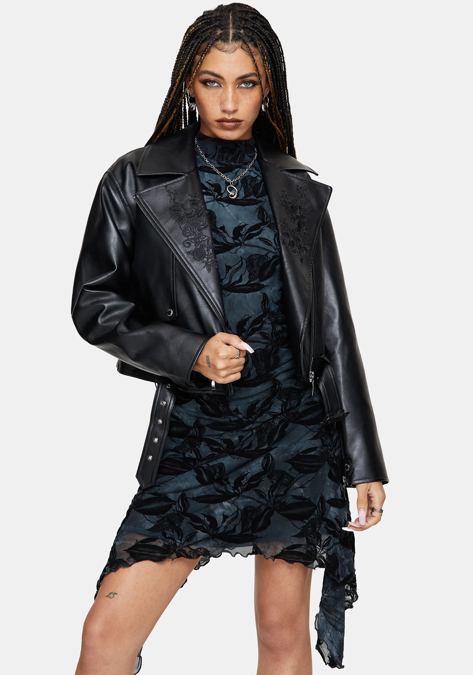 Bryn Blumenmuster Beflockt Mesh Taschentuch Saum Mini Kleid - Image 6