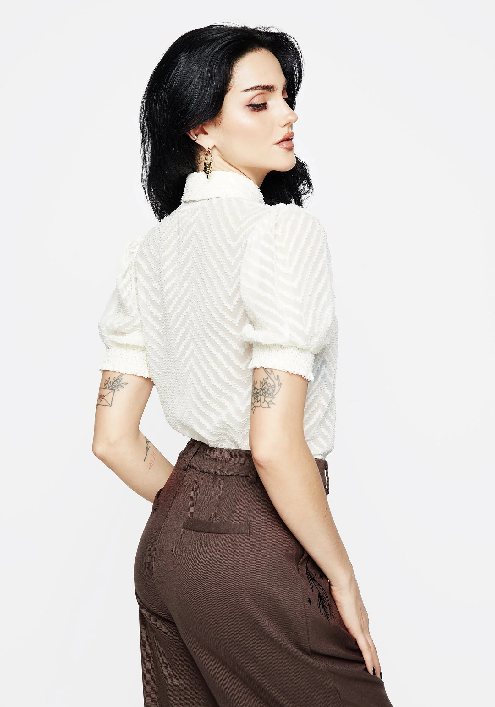 Chevron Knopf Hoch Bluse Top - Weiß - Image 3