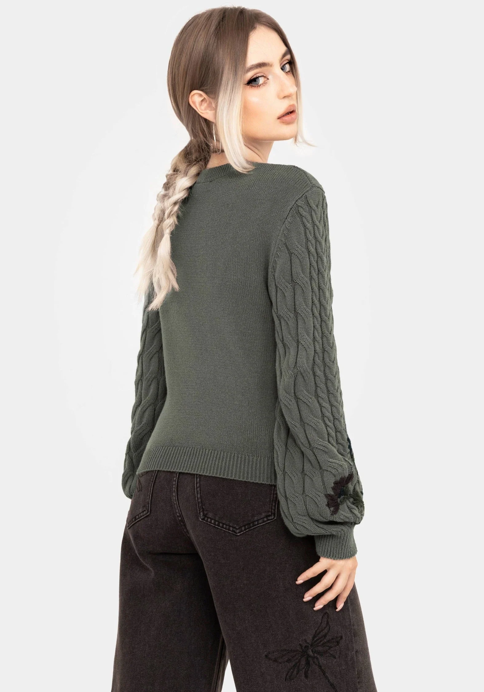 Clara Baumwolle Blumenmuster Bestickt Zopf Gestrickt Pullover - Image 3