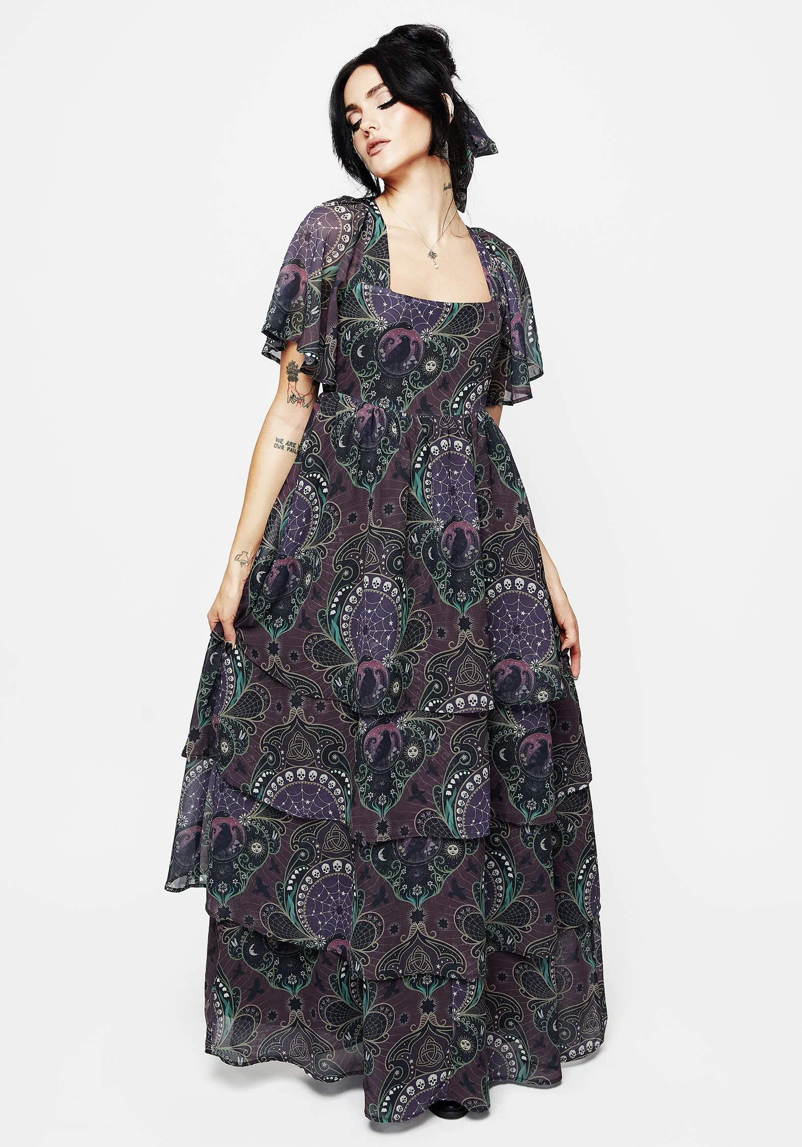 Clarette Chiffon Engel Ärmel Gestuft Kleid - Image 6