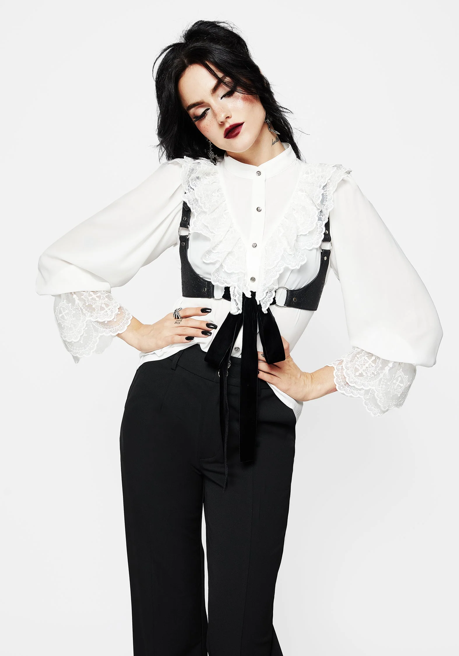 Constance Spitze Rüsche Knopf Hoch Bluse Top - Image 4