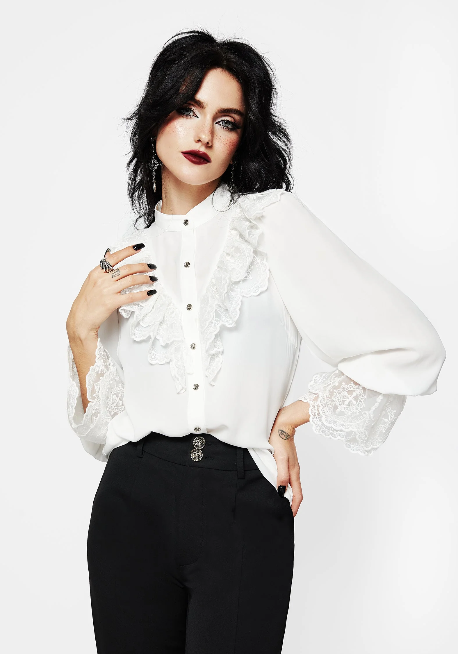Constance Spitze Rüsche Knopf Hoch Bluse Top - Image 6