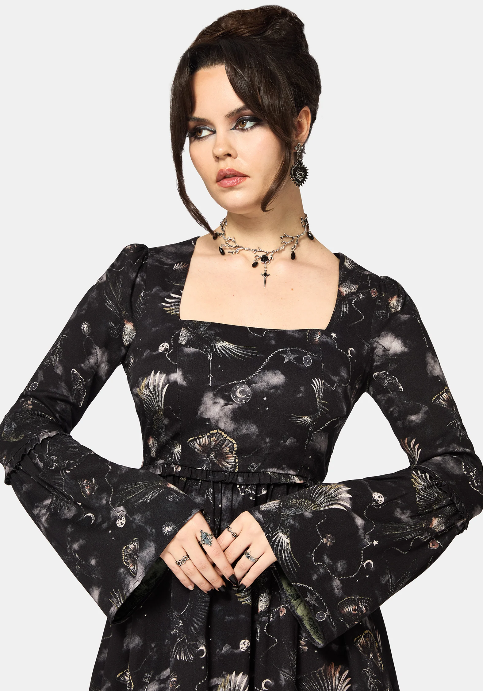 Crimson Magpie Und Motte Druck Mini Rüsche Kleid - Image 2