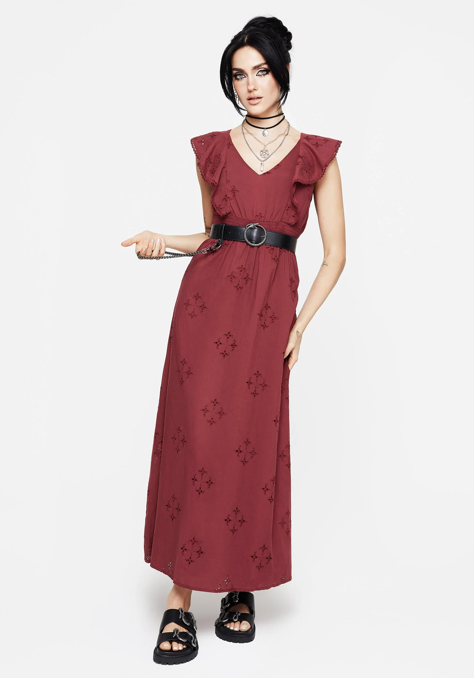Crux Broderie Baumwolle V-Ausschnitt Rüsche Maxi Kleid - Image 6