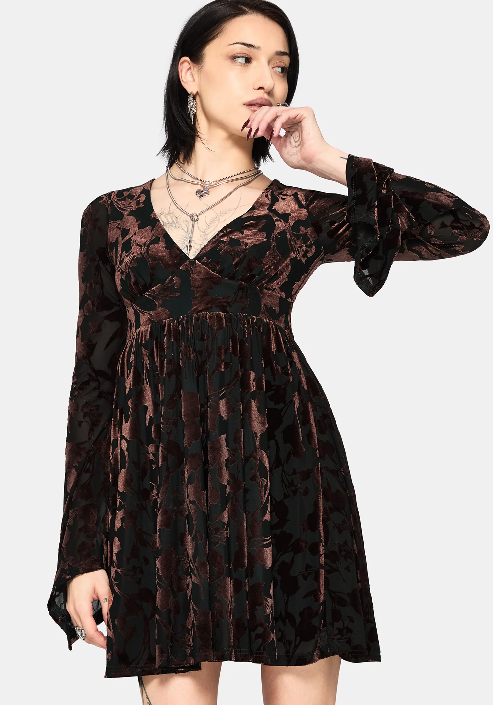 Dakota Devore Velours Ausgestellt Ärmel Mini Kleid - Image 6