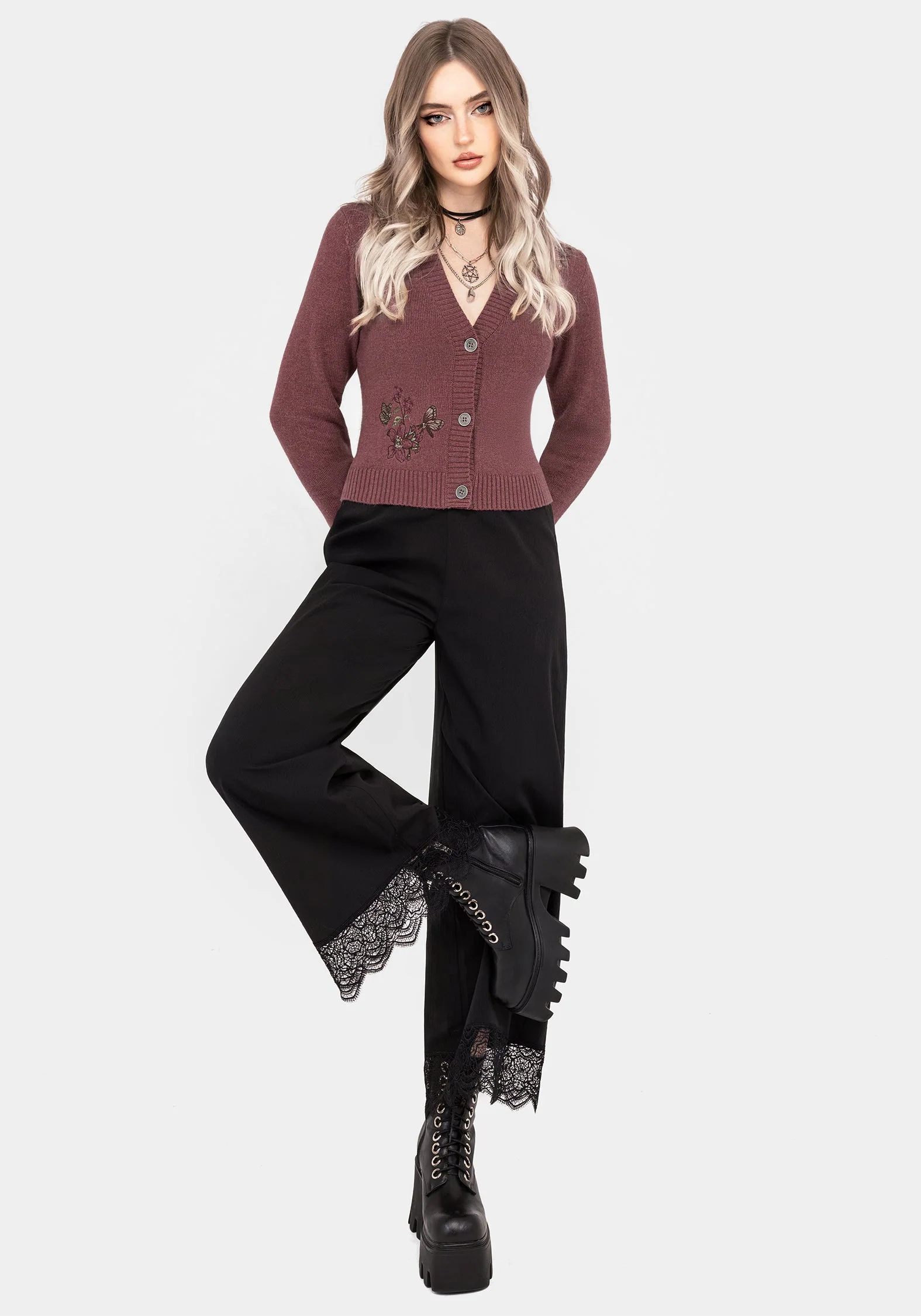 Dana Baumwolle Blumenmuster Bestickt Cardigan - Lila - Image 4