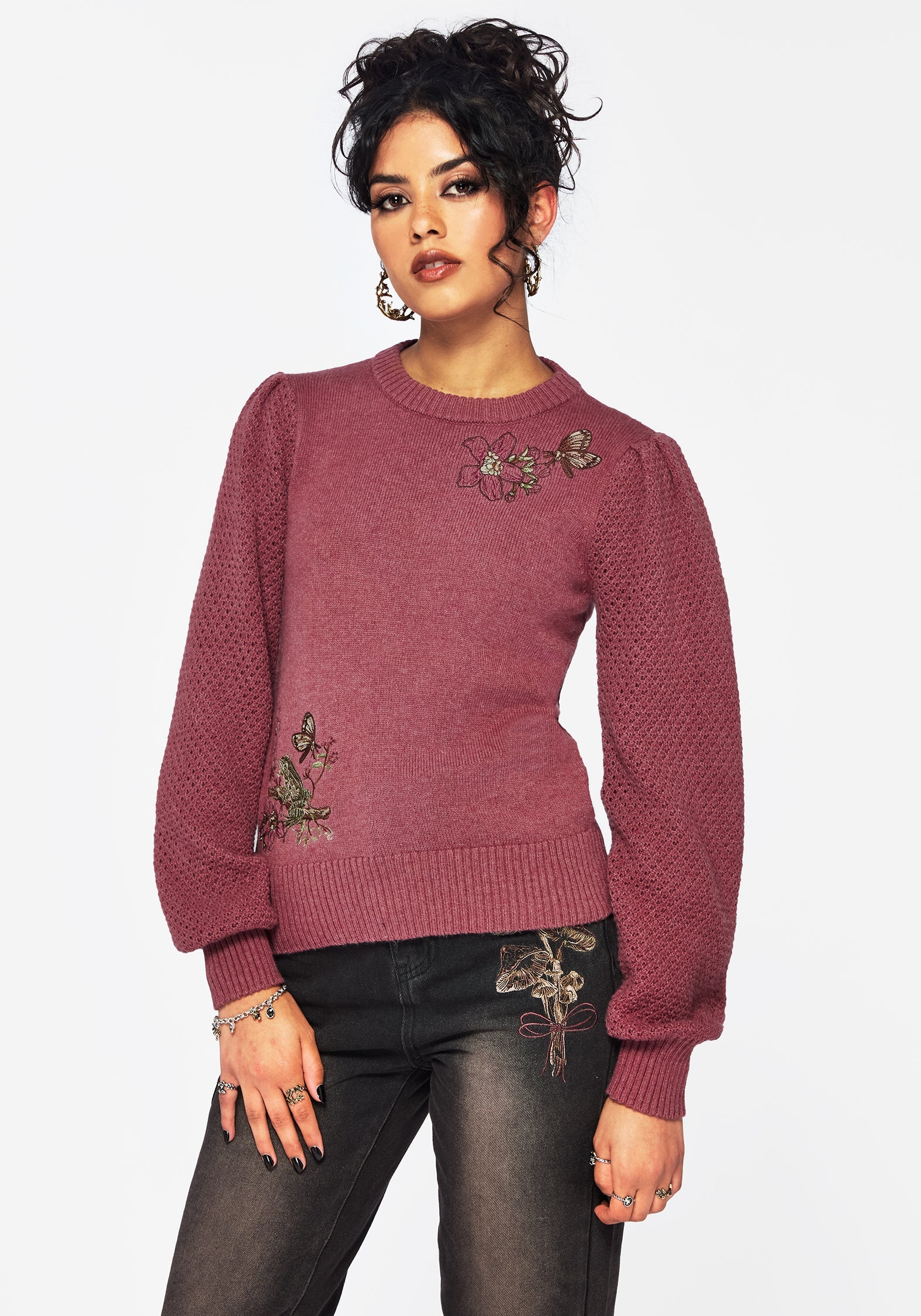 Dana Baumwolle Blumenmuster Bestickt Pullover - Lila - Image 6
