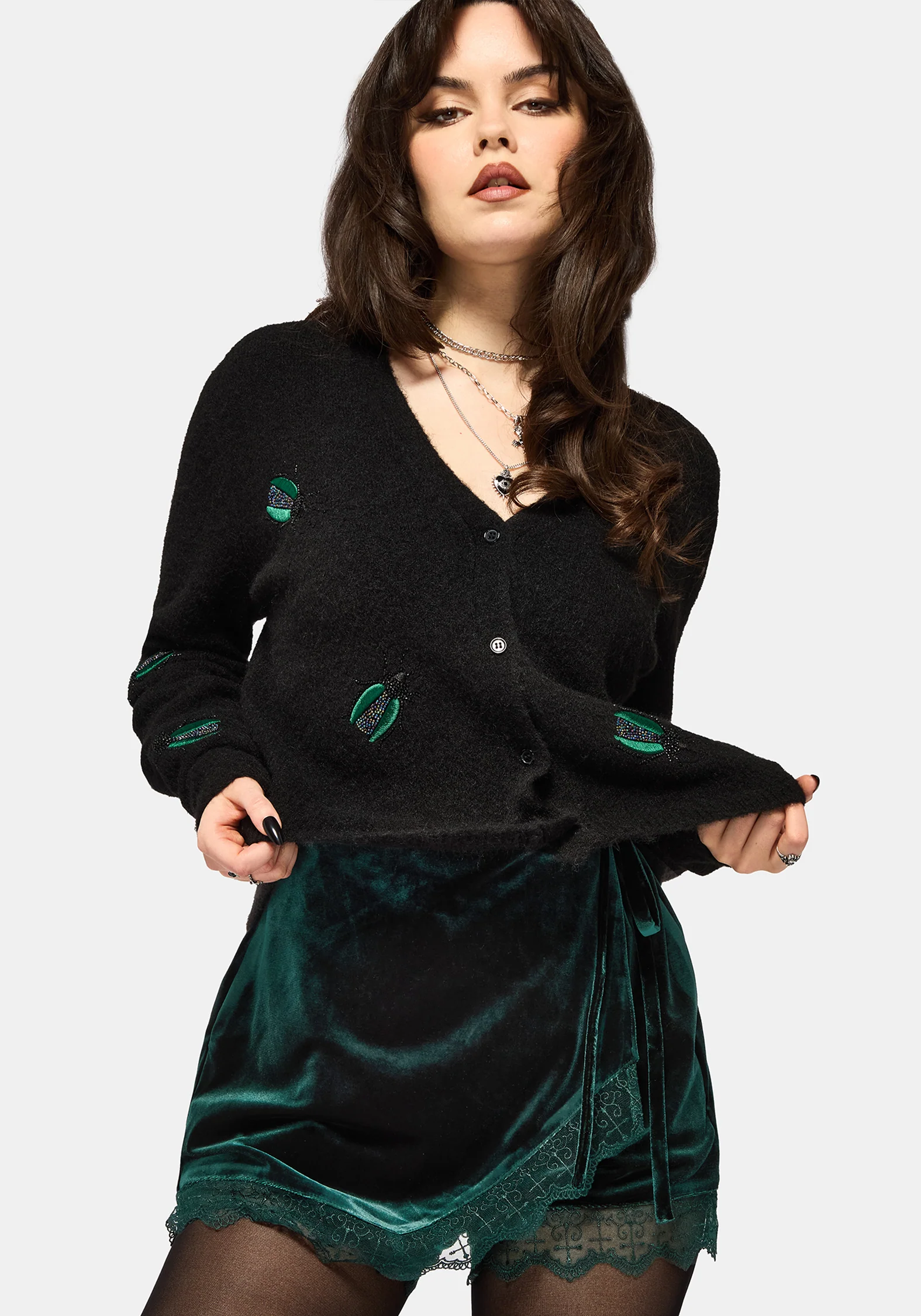 Deva Velours Spitze Besatz Krawatte Taille Skort - Dunkel Grün - Image 5