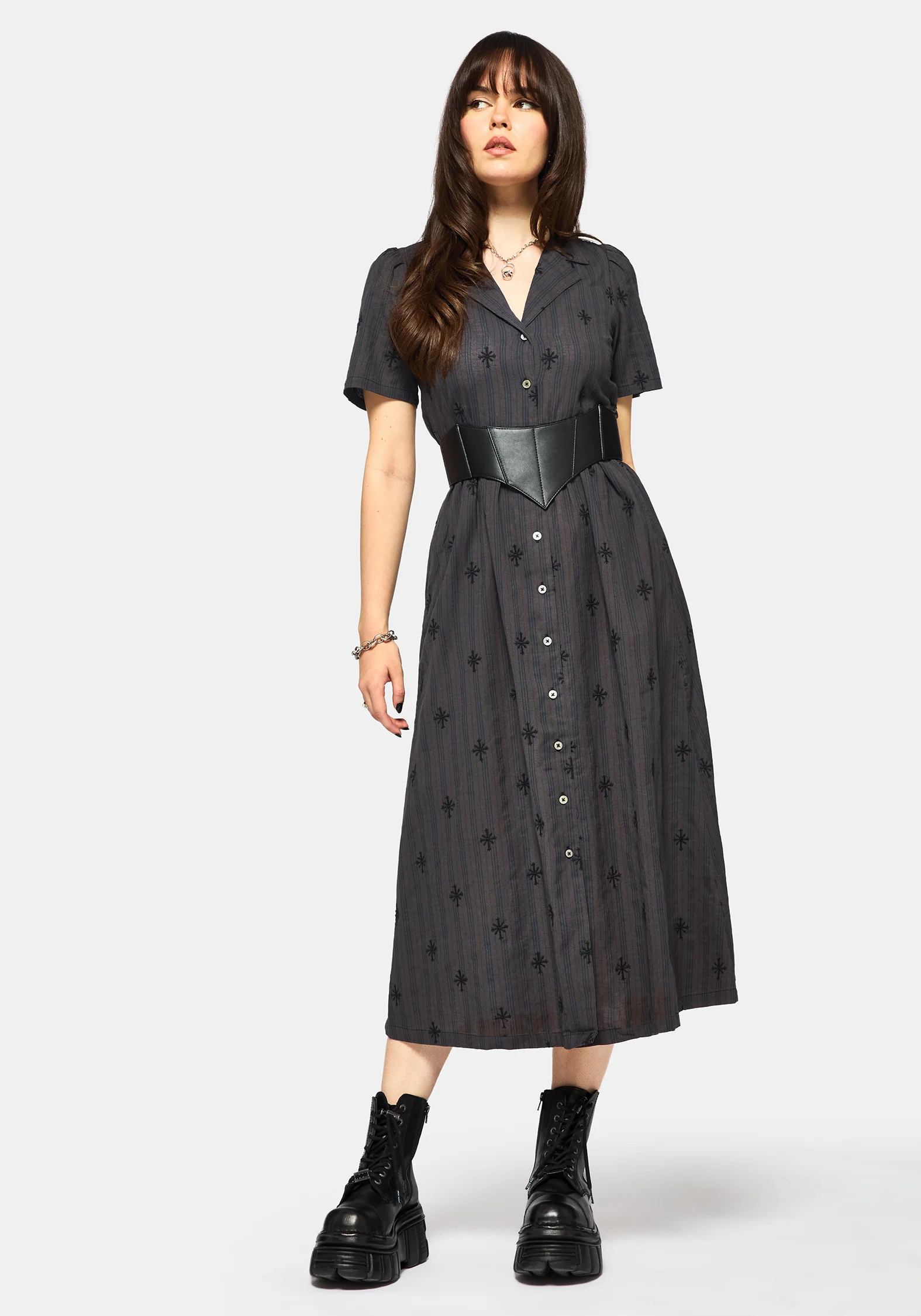 Diana Baumwolle Mischung Streifen Kreuz Bestickt Midaxi Hemd Kleid - Image 4