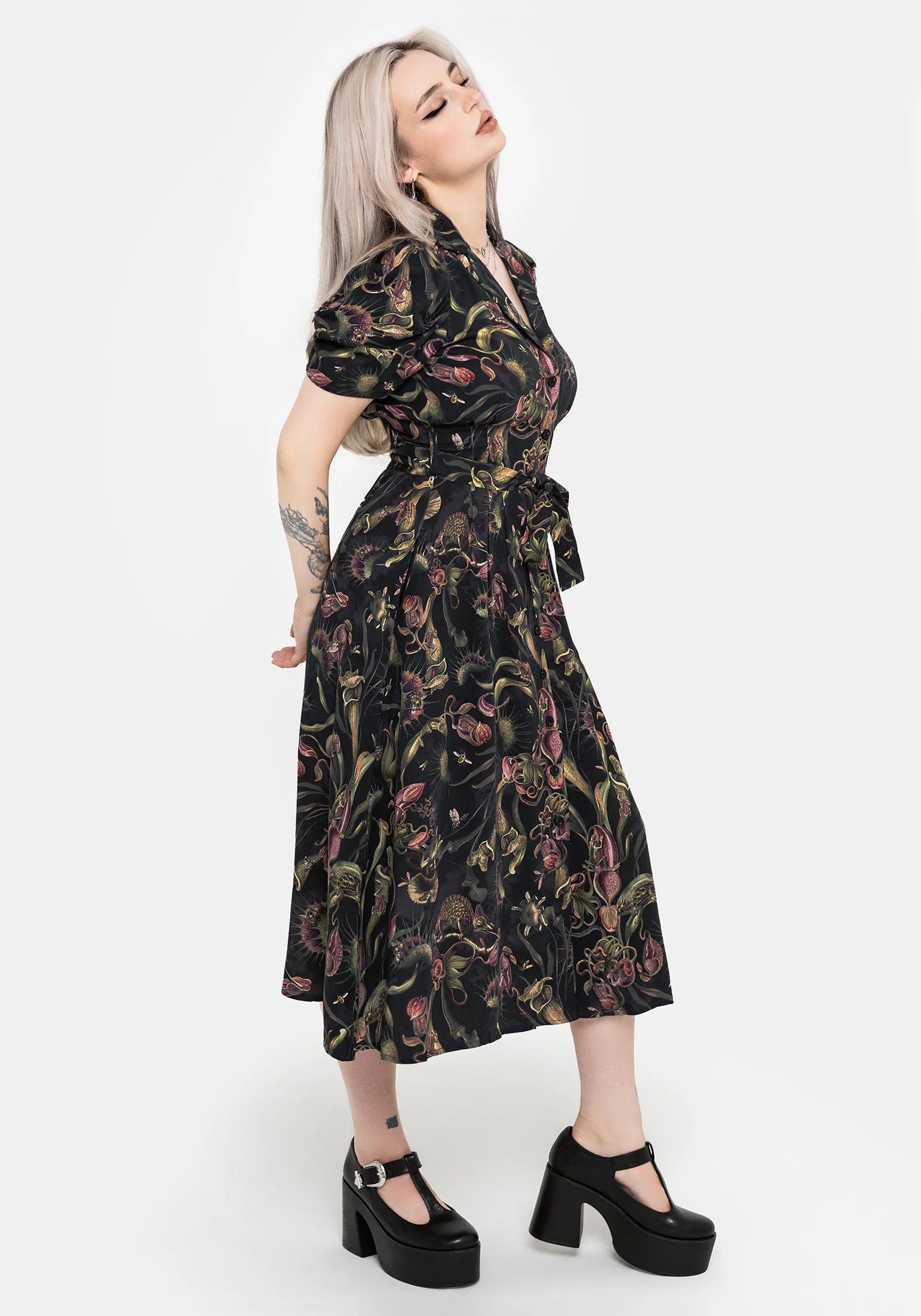 Dionaea Flytrap Print Button Up Midi Shirt Dress - Image 8