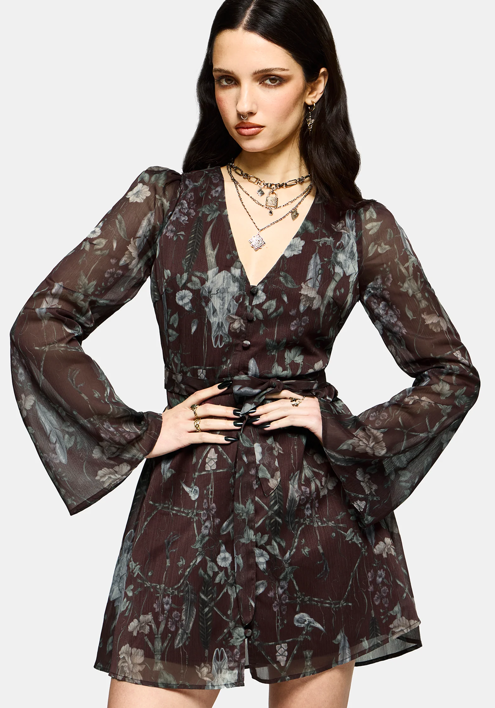 Dusha Garten Druck Knopf Hoch Chiffon Mini Kleid - Image 5