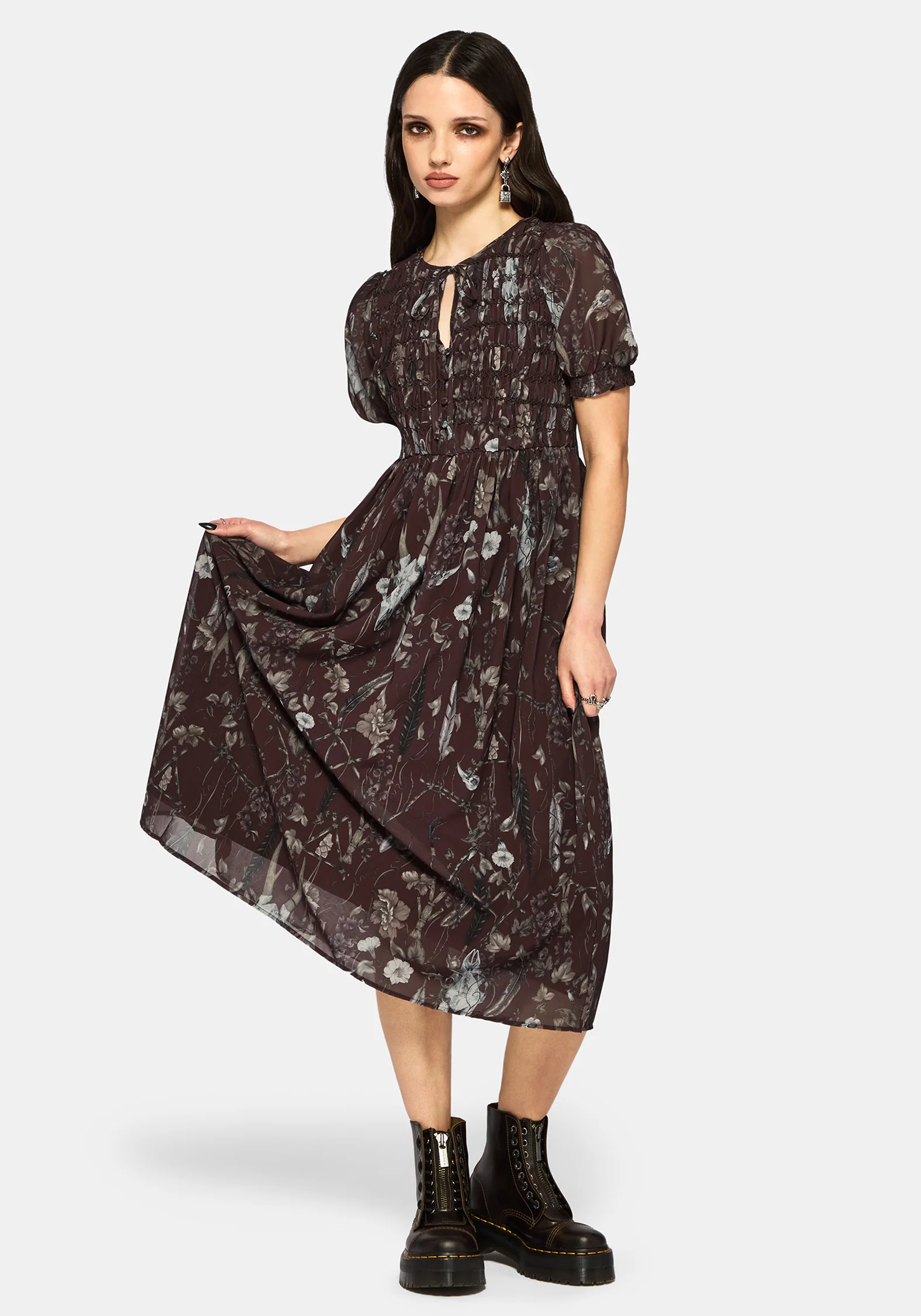 Dusha Garten Druck Chiffon Gerafft Knopf Runter Midi Kleid - Image 5