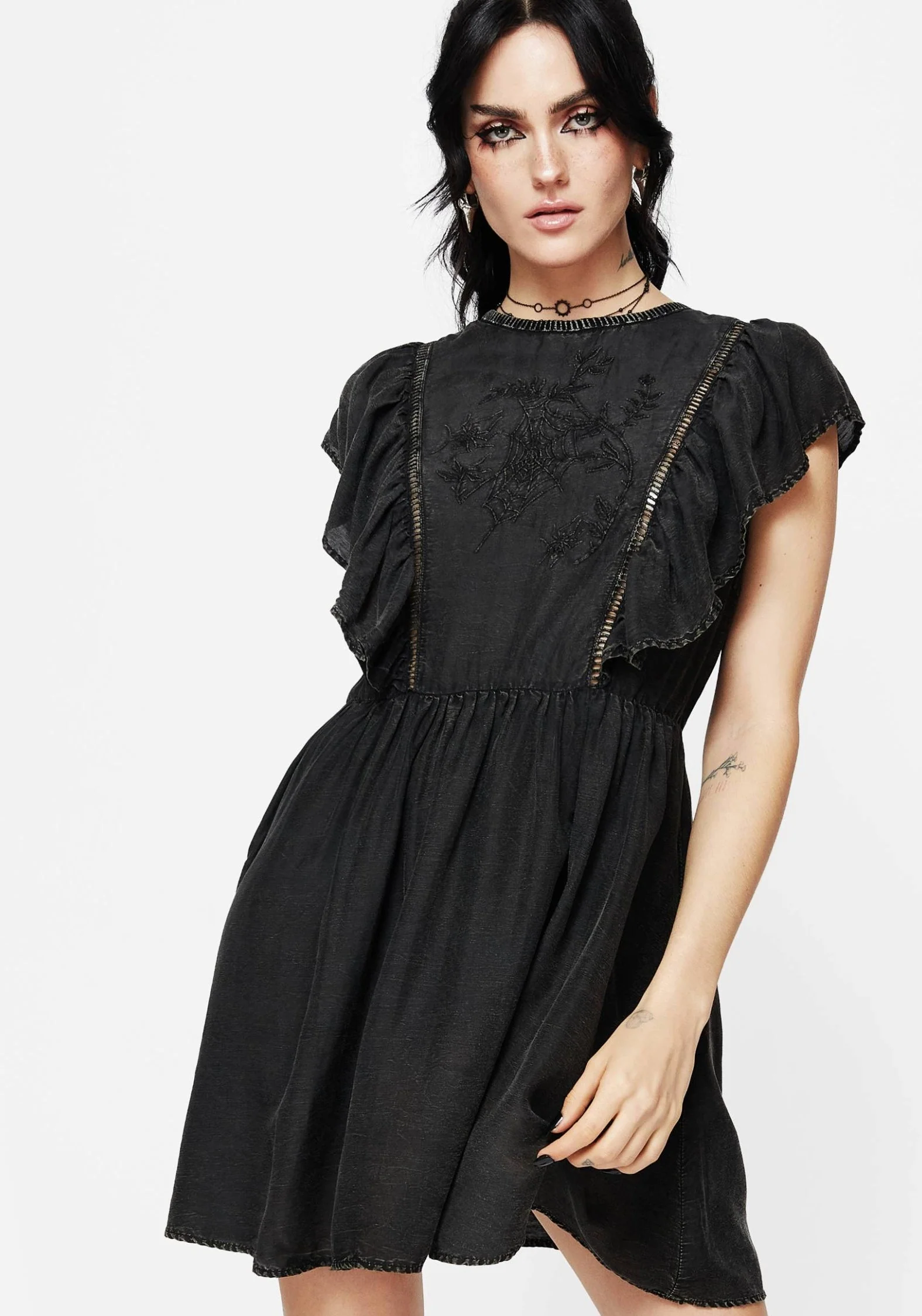 Eartha Baumwolle Bestickt Rüsche Detail Mini Kleid