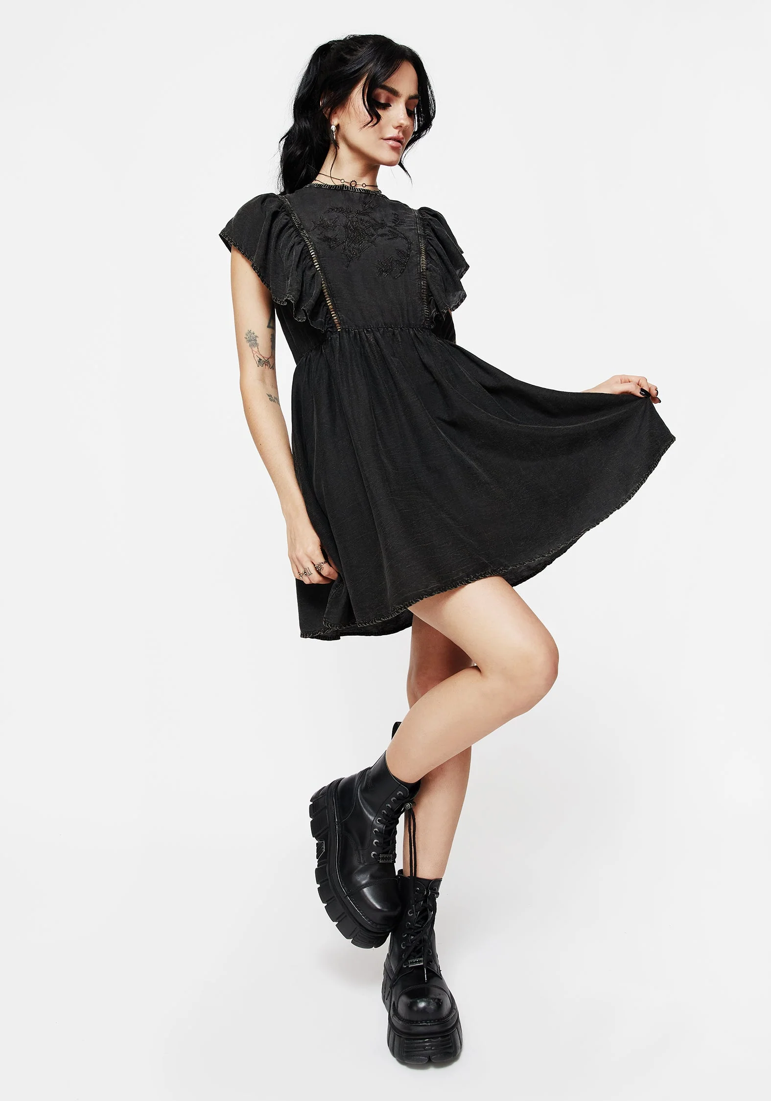 Eartha Baumwolle Bestickt Rüsche Detail Mini Kleid - Image 6