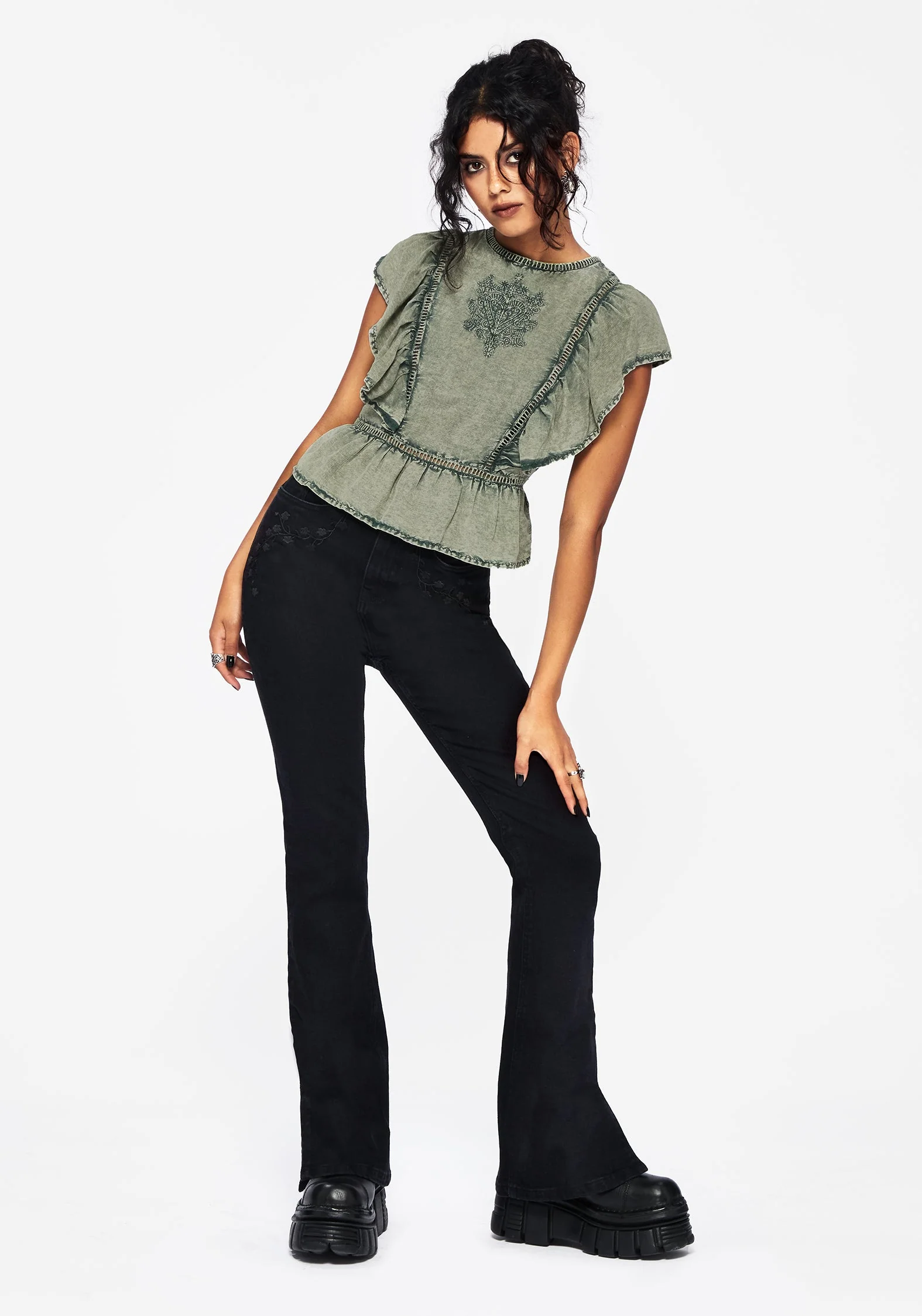 Eartha Bestickt Baumwolle Rüsche Detail Peplum Top - Image 4