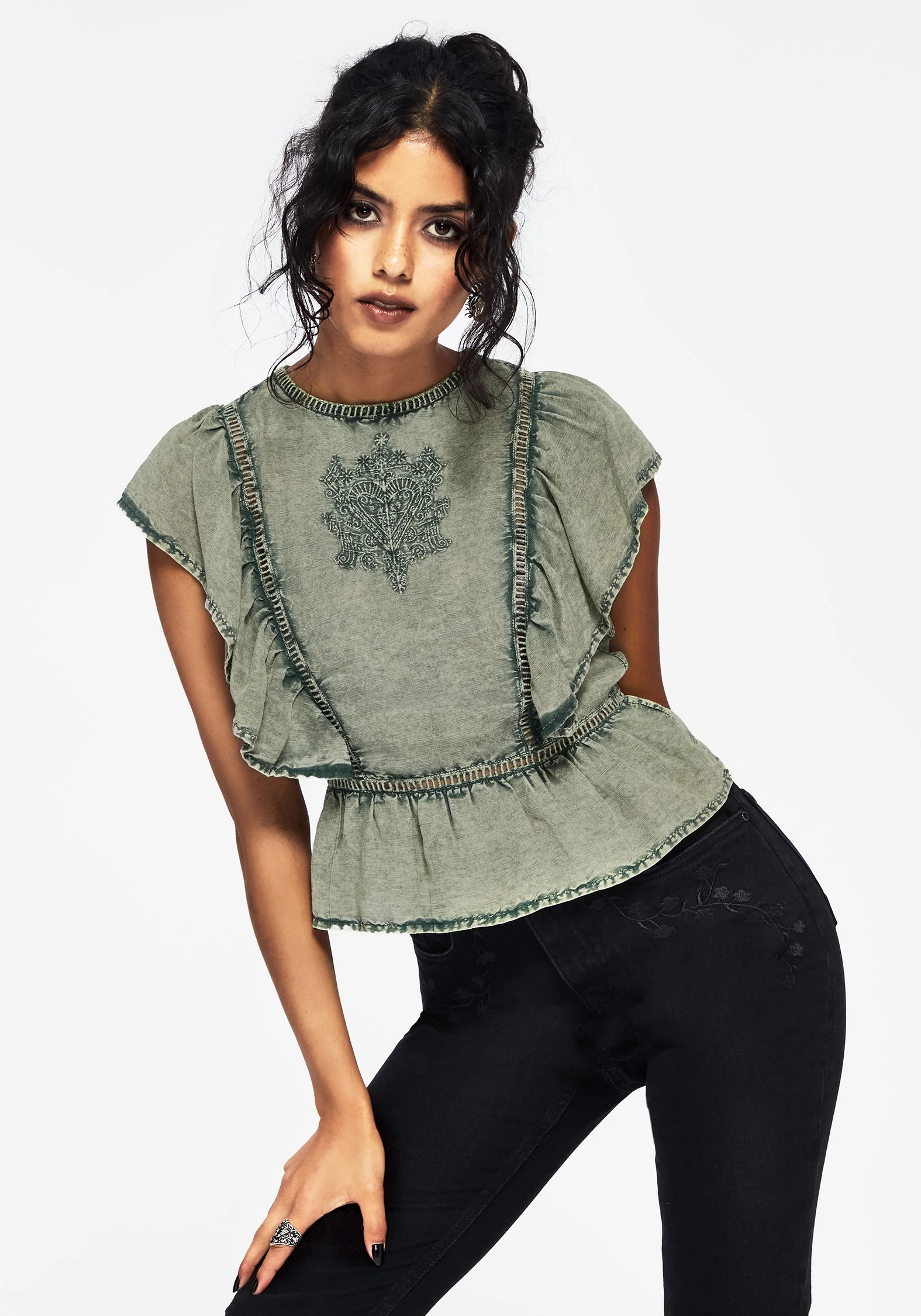 Eartha Bestickt Baumwolle Rüsche Detail Peplum Top - Image 5