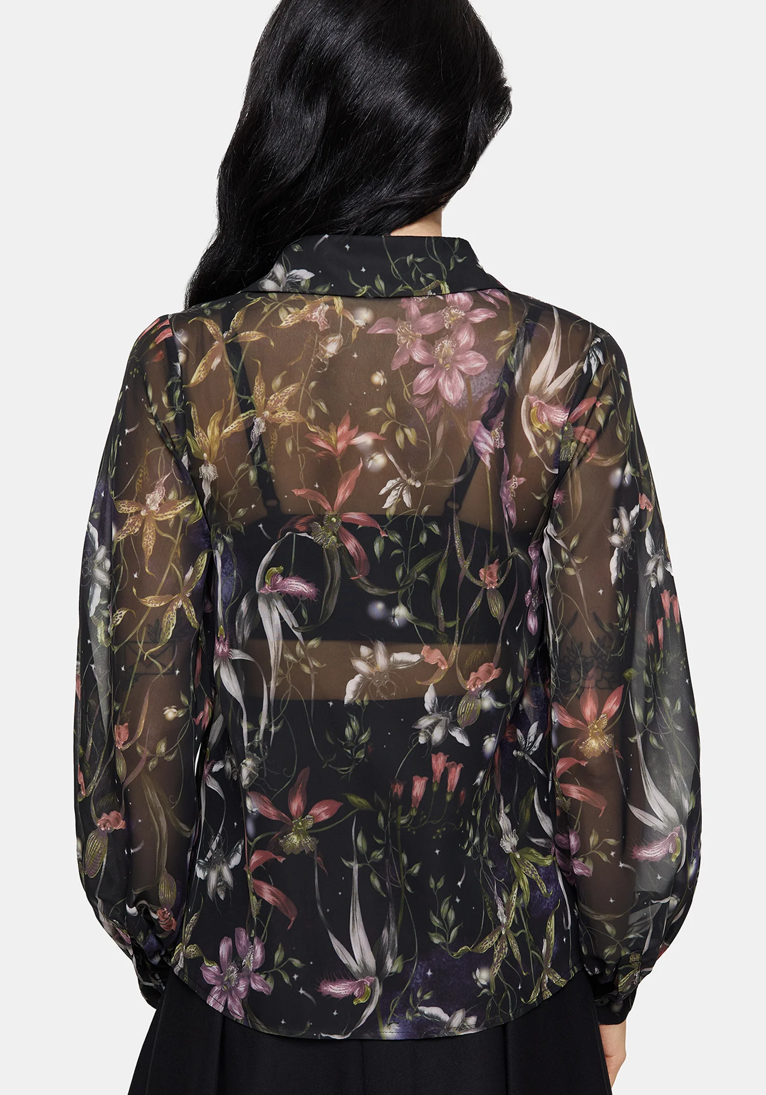 Elide Schwarz Orchidee Druck Chiffon Bluse - Image 3