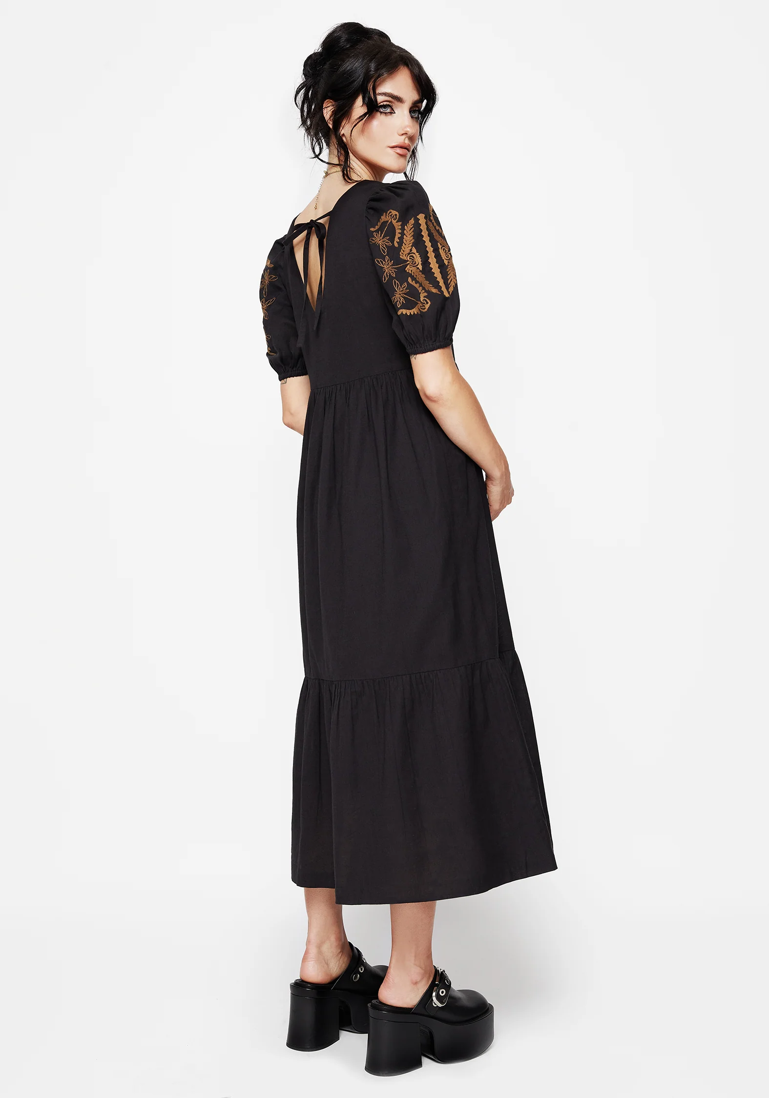 Emberflit Baumwolle Mischung Motte Bestickt Rüsche Maxi Kleid - Image 3