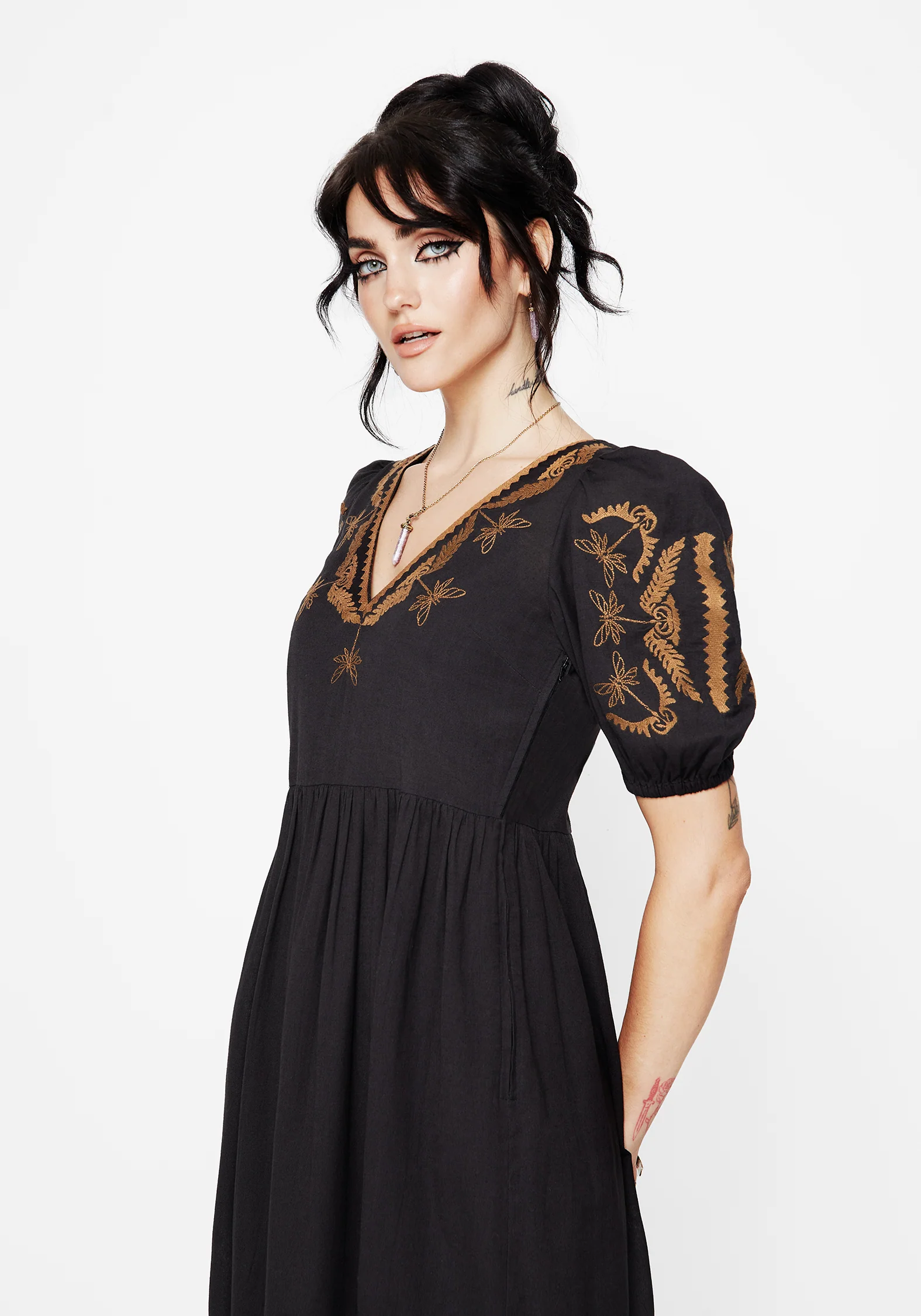 Emberflit Baumwolle Mischung Motte Bestickt Rüsche Maxi Kleid - Image 4
