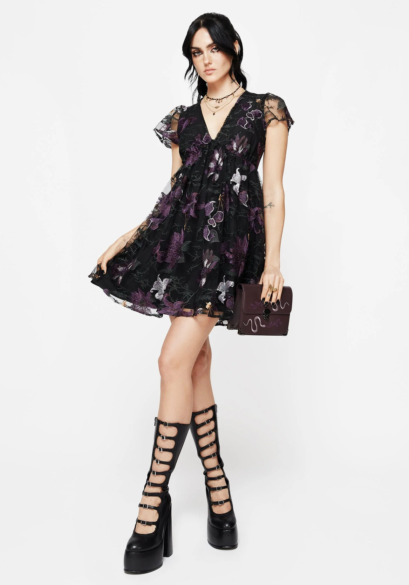 Estrid Bestickt Mesh Flöte Ärmel Mini Kleid - Image 7