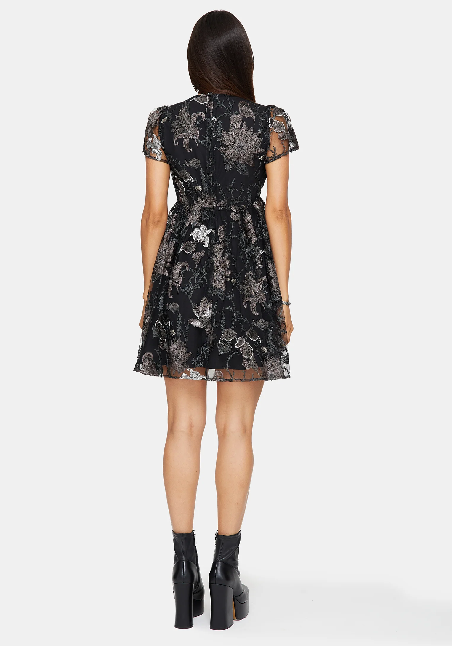 Estrid Bestickt Mesh Flöte Ärmel Mini Kleid - Silber - Image 3