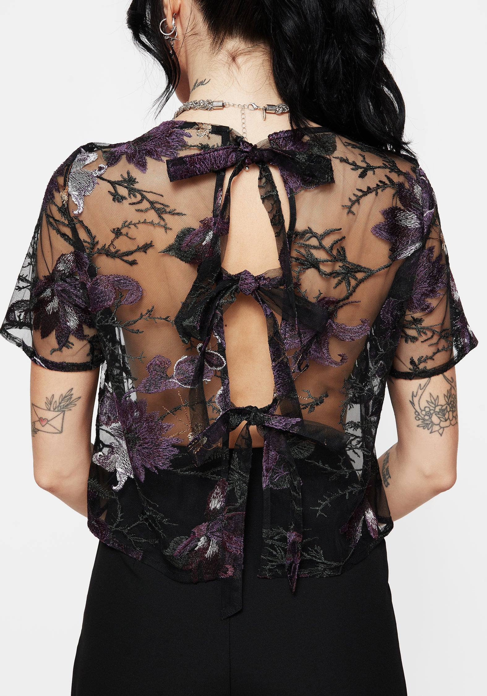 Estrid Bestickt Mesh Krawatte Back Bluse Top - Image 3