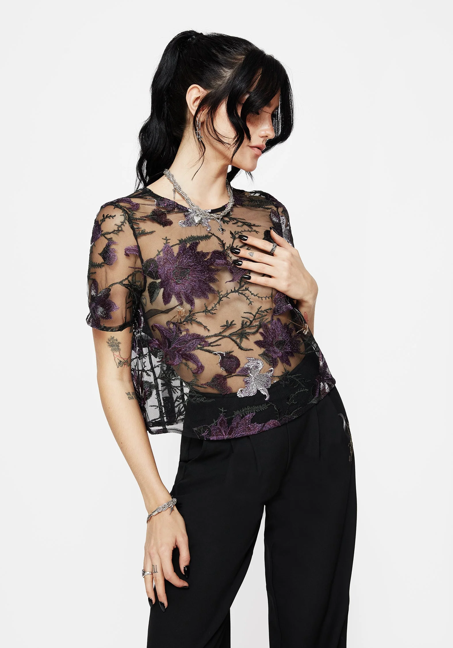 Estrid Bestickt Mesh Krawatte Back Bluse Top - Image 7