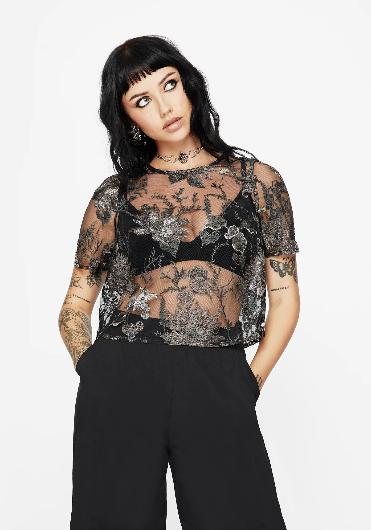 Estrid Bestickt Mesh Krawatte Rücken Bluse Top - Silber - Image 4