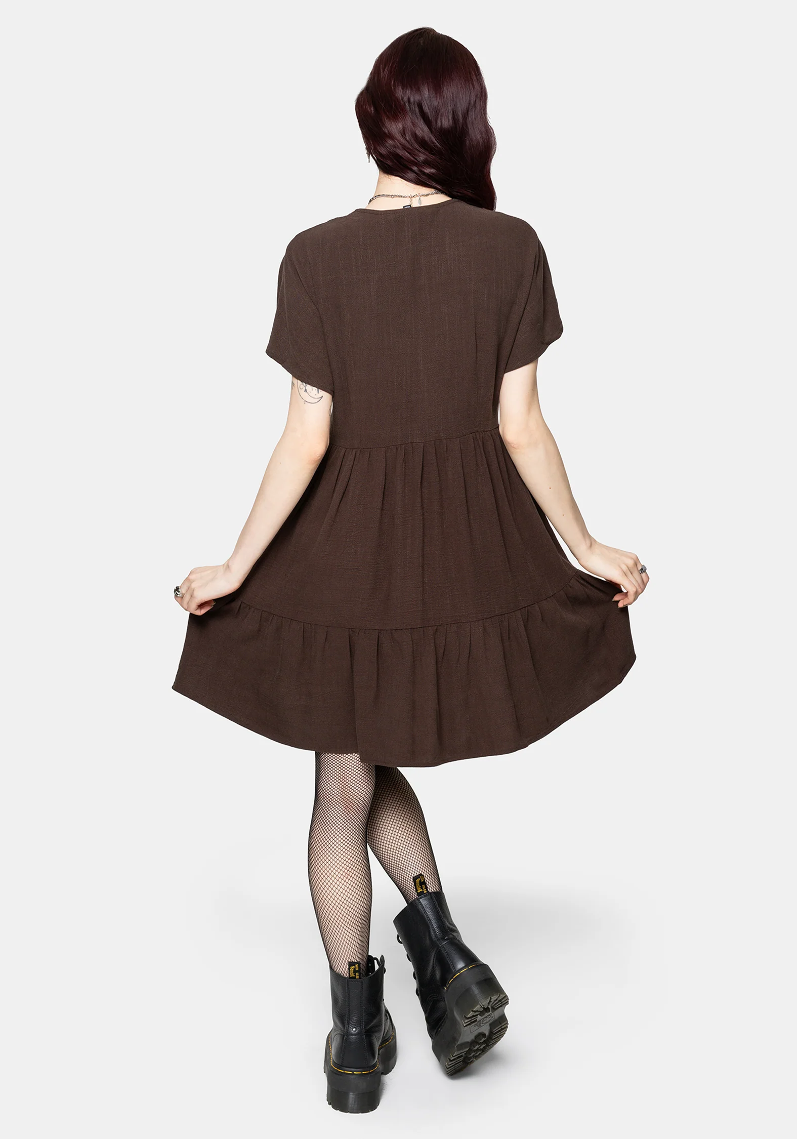 Faela Fee Bestickt Knopf Hoch V-Ausschnitt Peplum Mini Kleid - Image 3